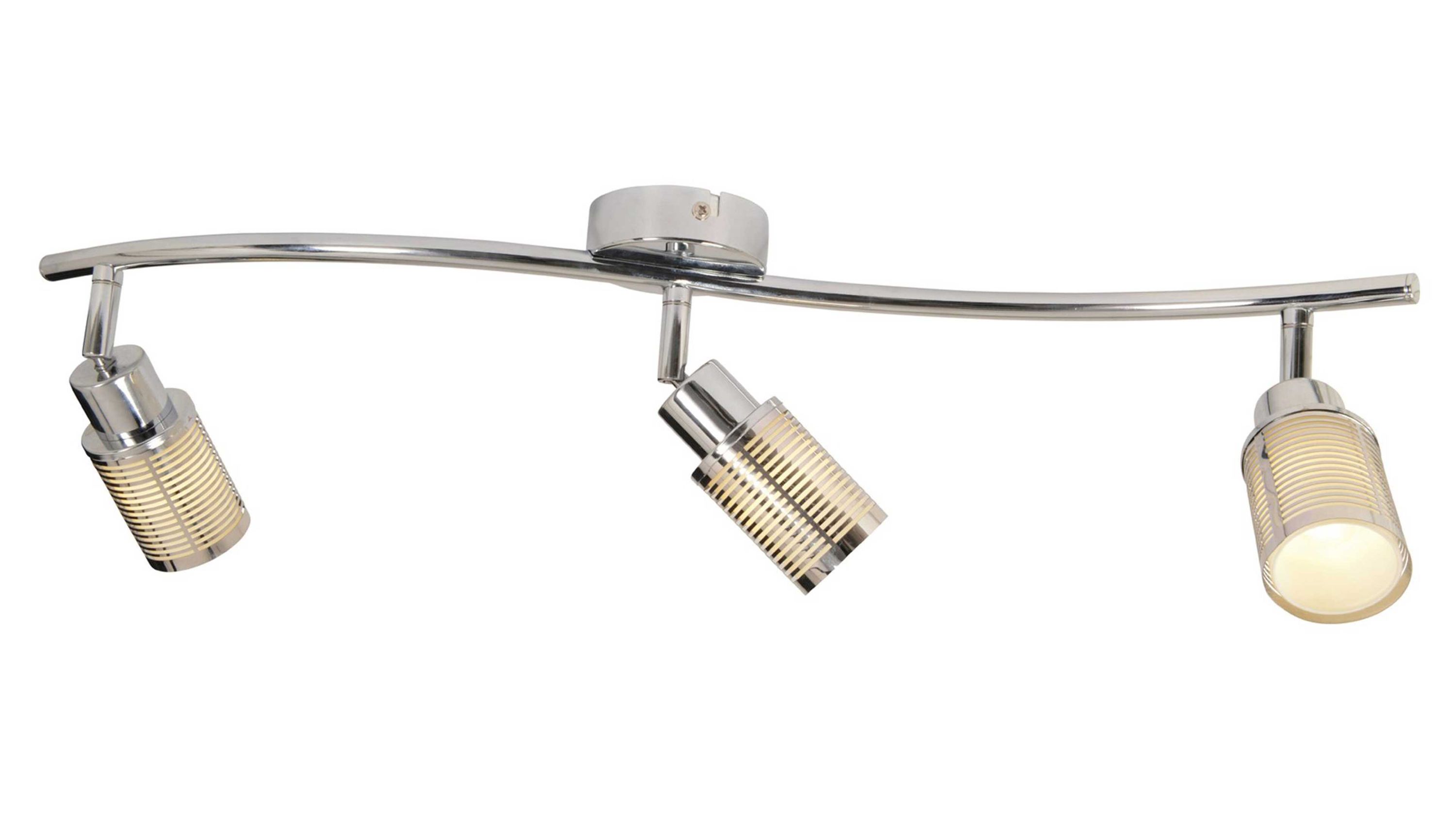 Dreiflammige Wand- und Deckenleuchte mit chromfarbenem Arm Dreiflammige Wand- und Deckenleuchte mit gebogenem Metallarm und chromfarbenen Lampenschirmen