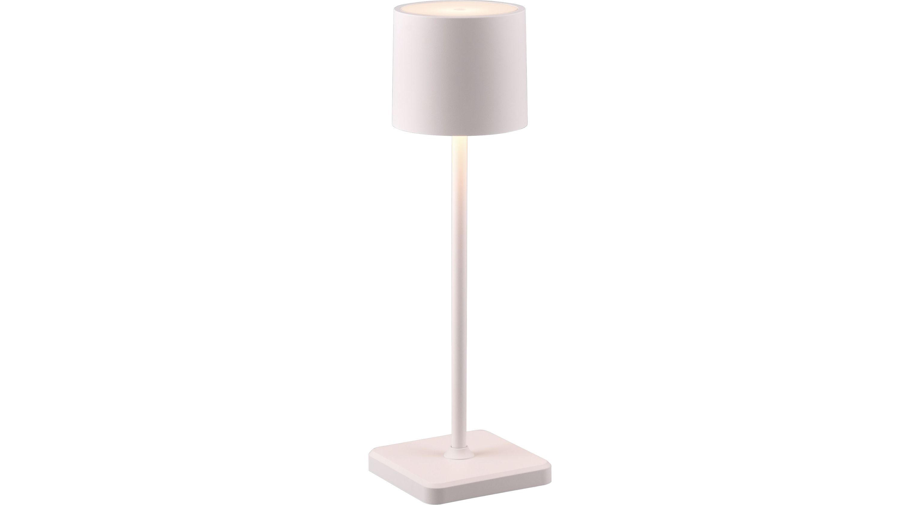 Weiße Outdoor-Tischleuchte mit rundem Schirm und quadratischem Sockel Weiße Outdoor-Tischleuchte mit rundem Lampenschirm und quadratischem Sockel