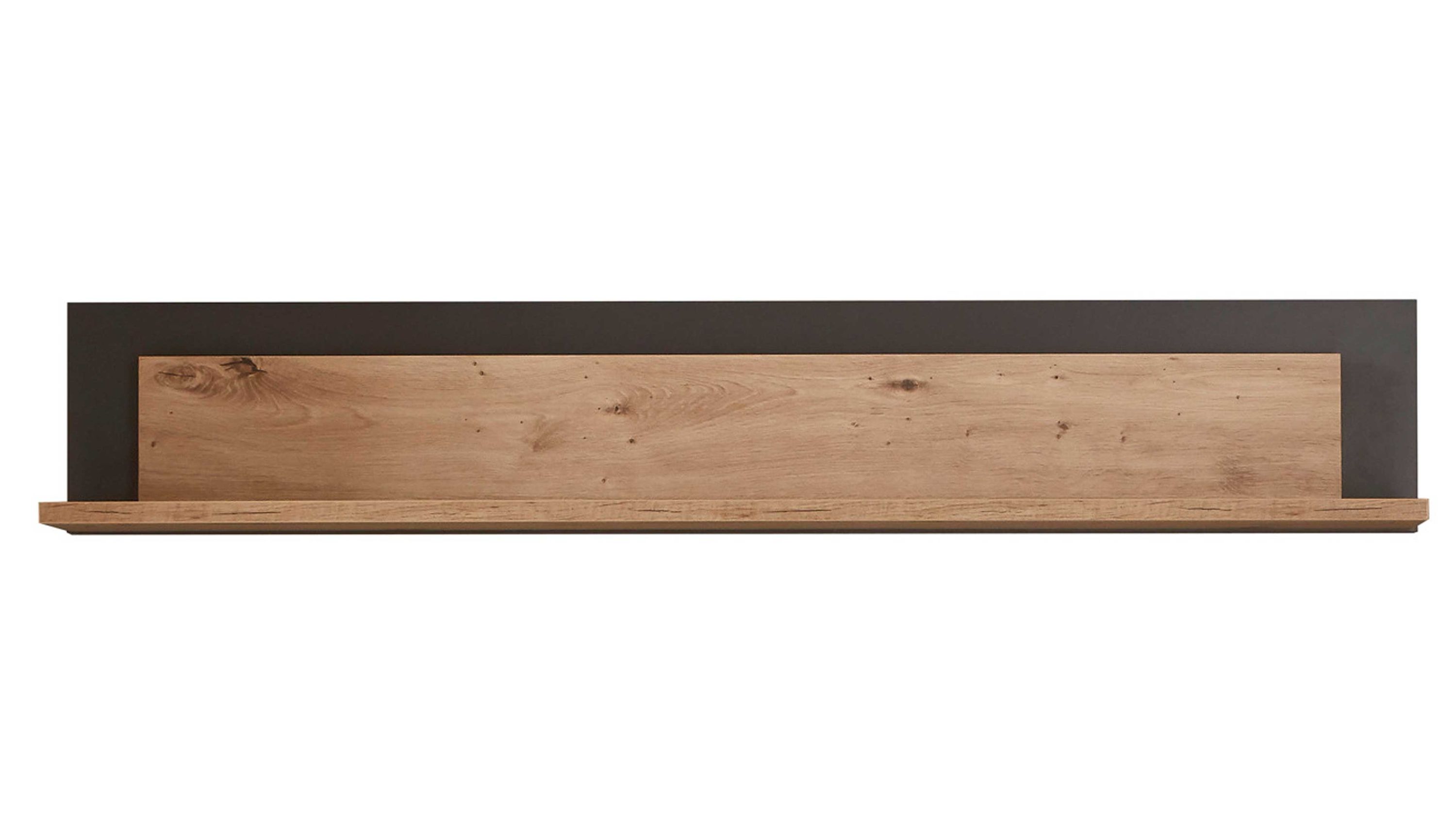Wandboard mit breiter Ablagefläche in hellbrauner Holzoptik und dunklem Rückwandpaneel