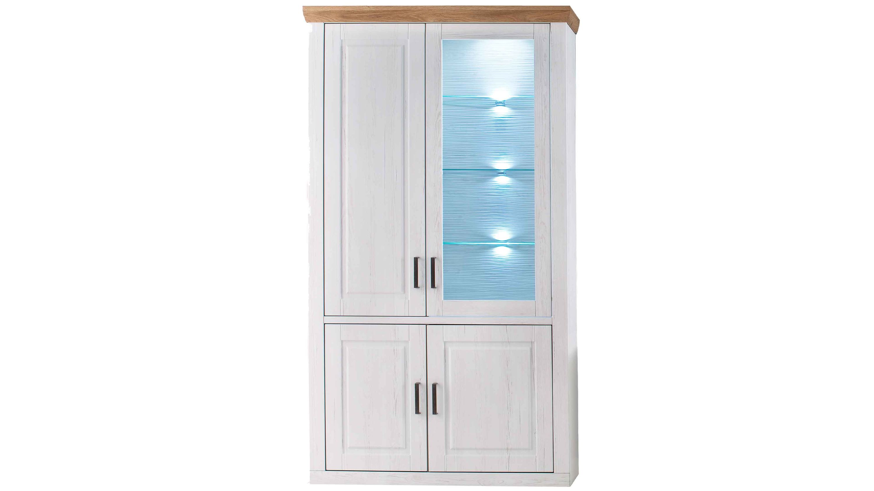 Vitrine mit vier Türen und Beleuchtung Vitrine mit vier Türen eine Tür mit Glas und Beleuchtung weiß mit hellbraunem Deckel