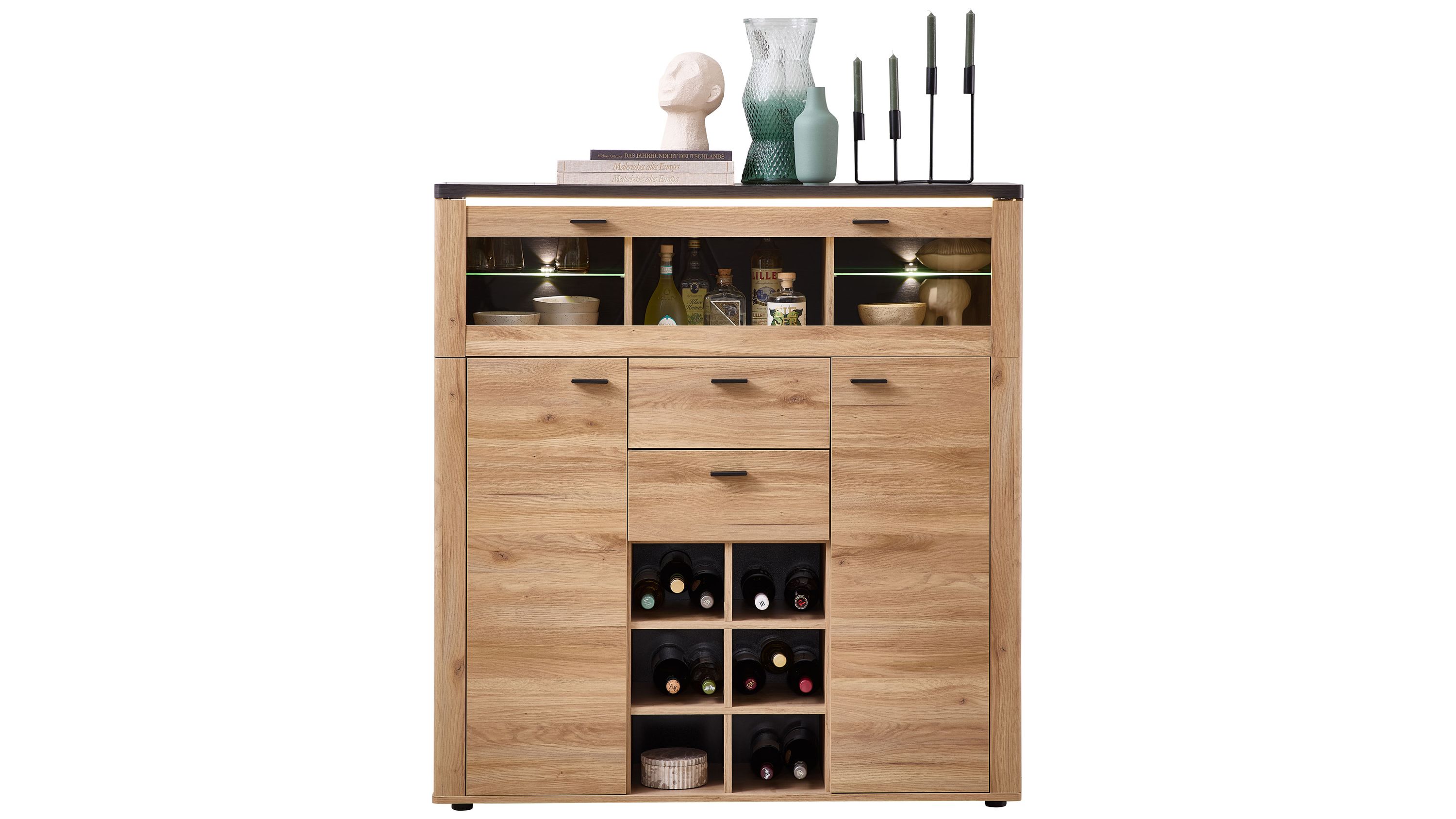 Highboard mit Beleuchtung und Weinregal in Eicheoptik Helles Highboard mit zwei Türen zwei Schubladen sechs Fächern für Weinflaschen und beleuchtetem Glasfach oben