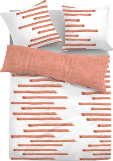 Draufsicht Bettwäsche-Set mit orange-weißem Streifenmuster Rückseite orange mit Bezug und zwei Kissenbezügen