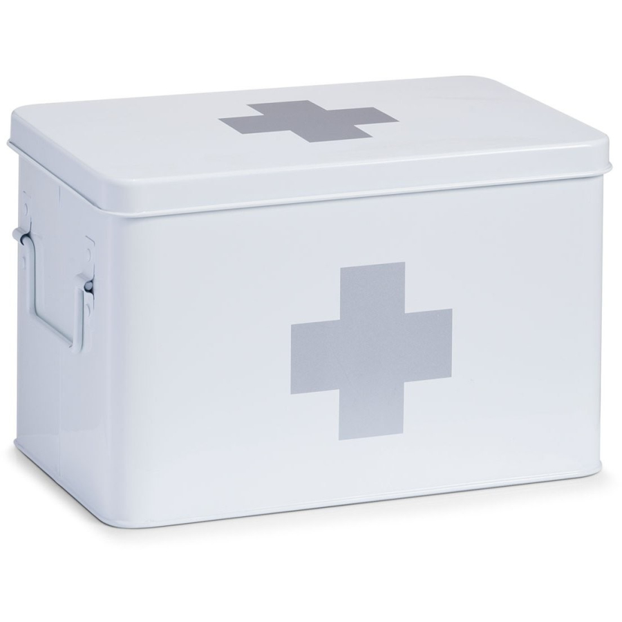Weiße Metallbox mit grauem Kreuz – Erste-Hilfe- oder Notfallbox mit Griffen Weiße Metallbox mit grauem Kreuzsymbol vorn seitliche Griffe als Erste-Hilfe- oder Notfallbox frontal fotografiert