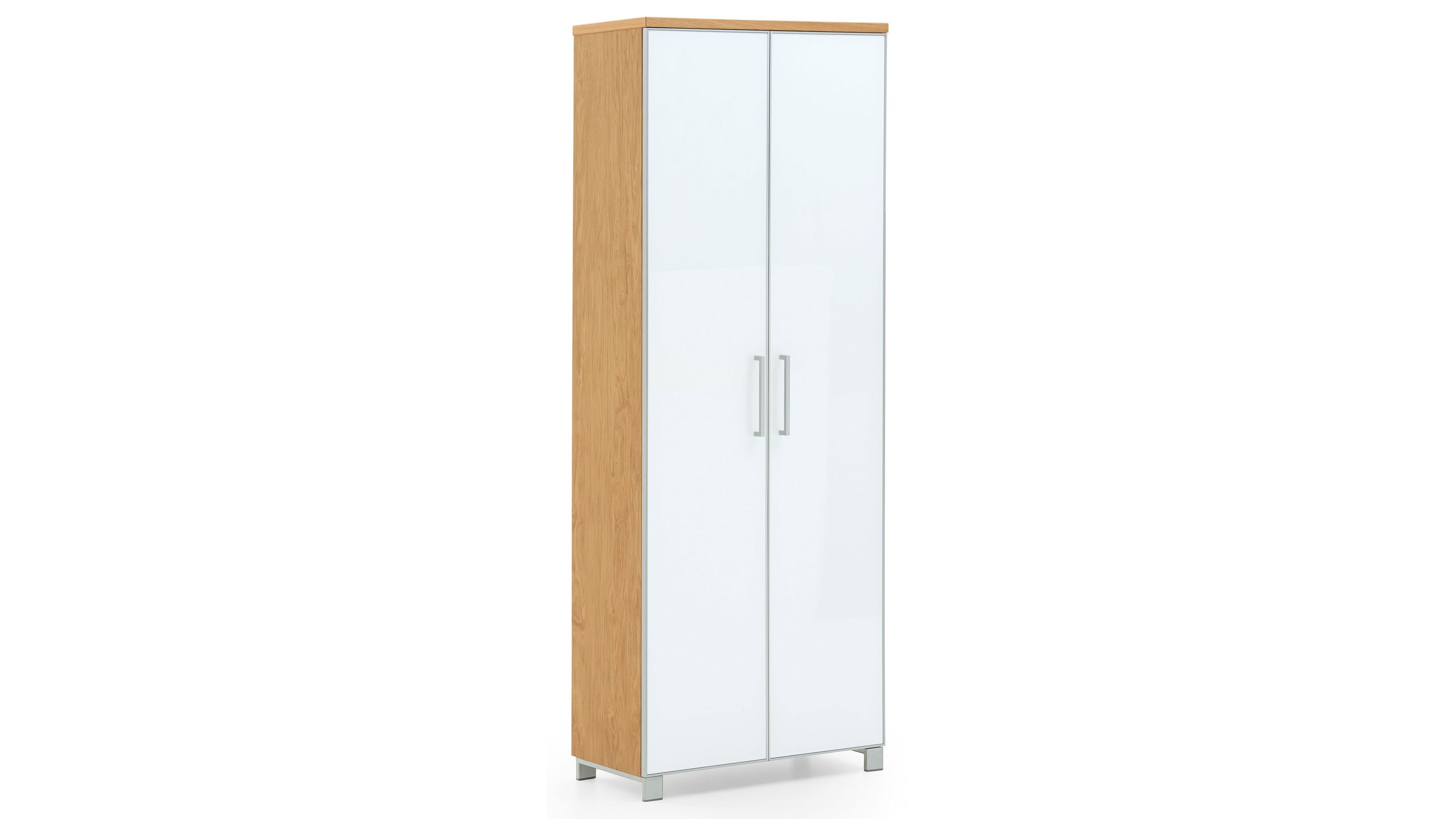 Garderobenschrank mit zwei weißen Glastüren und Holzoptik seitlich und oben