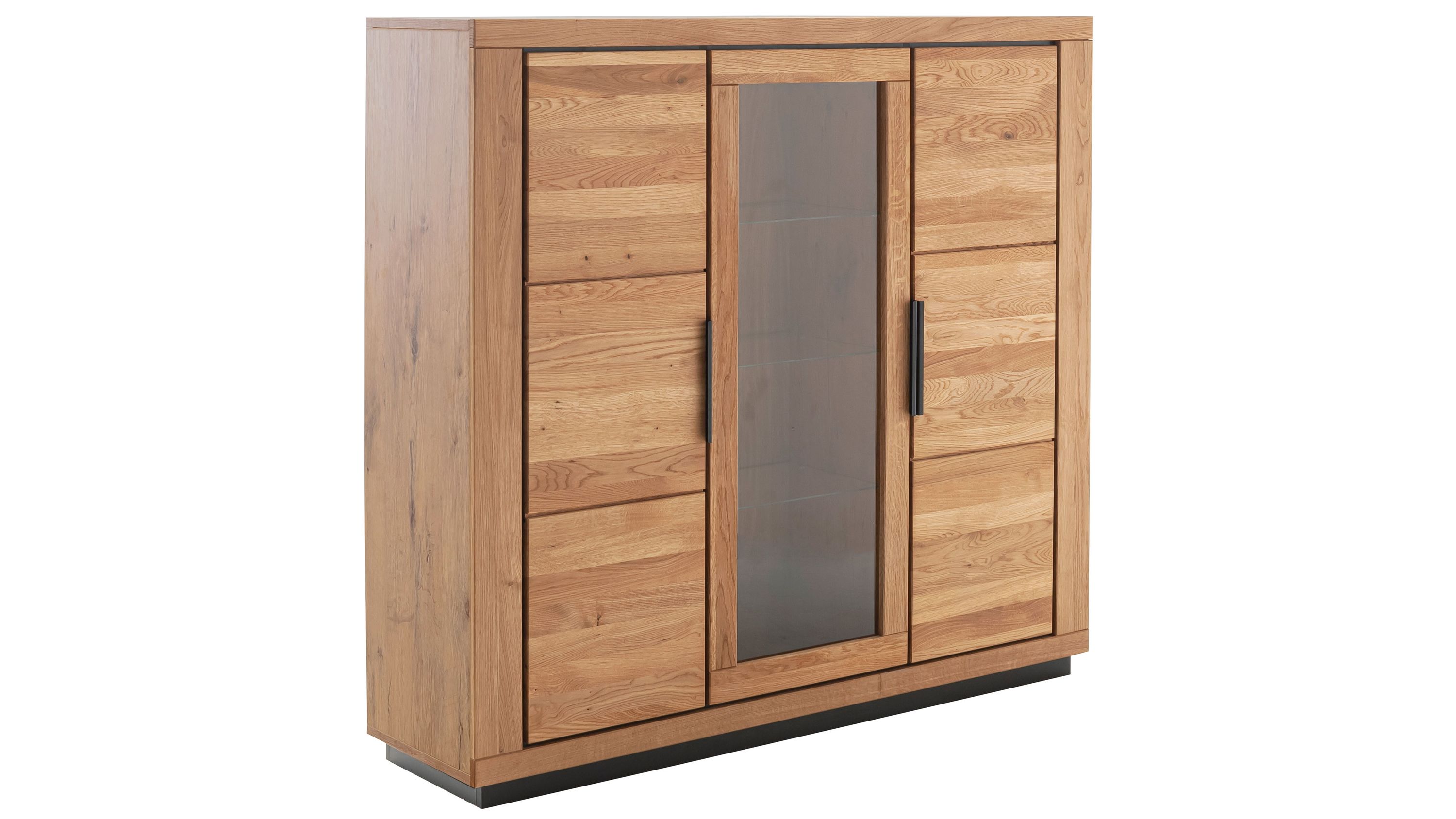 Highboard mit drei Türen und Glaseinsatz in Holzoptik Highboard mit drei Türen aus Holz in hellbrauner Farbe und mittlerer Tür mit Glas