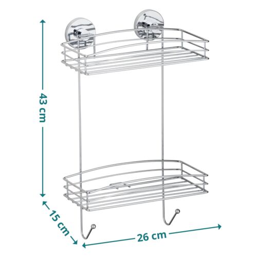 Maßskizze Vacuum-Loc Wandregal mit 2 Ablagen Maßskizze zweistöckiges Vacuum-Loc Wandregal 43cm hoch 26cm breit 12,5cm tief  mit Haken und Ablagen