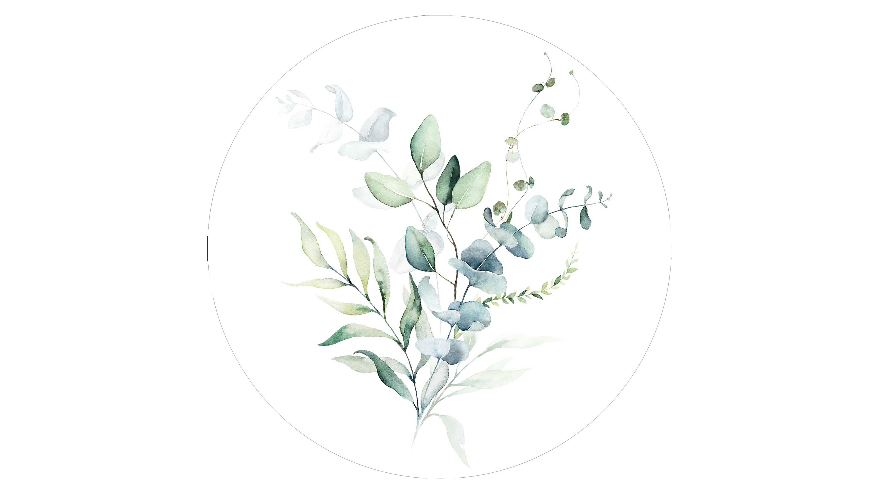 Runder Kunstdruck mit Aquarellblättern in Grüntönen Runder Kunstdruck mit Aquarellblättern in verschiedenen Grüntönen auf weißem Hintergrund