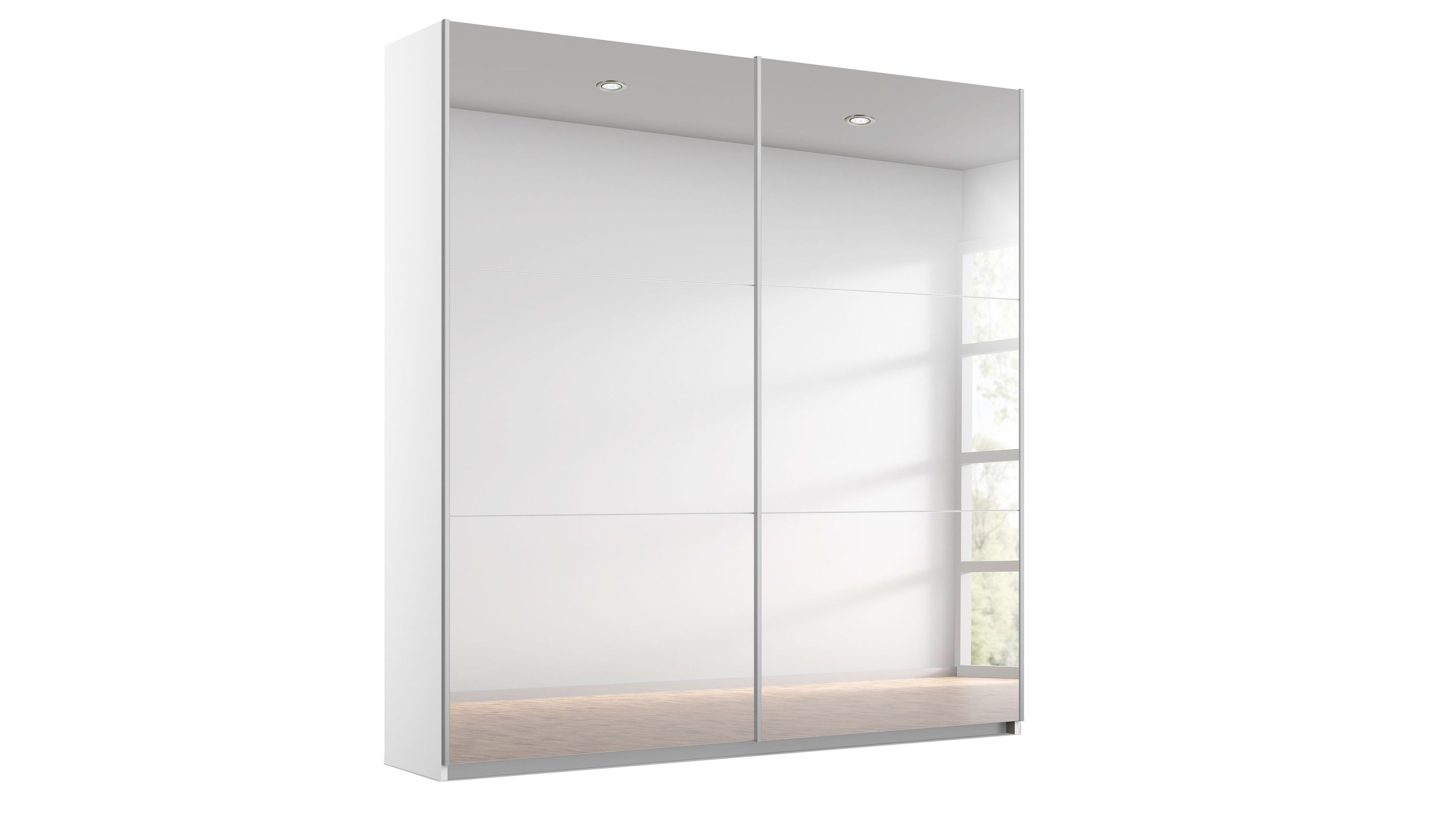Schwebetürenschrank mit Spiegeltüren in Weiß Schwebetürenschrank mit zwei großen Spiegeltüren in weiß mit Beleuchtung oben