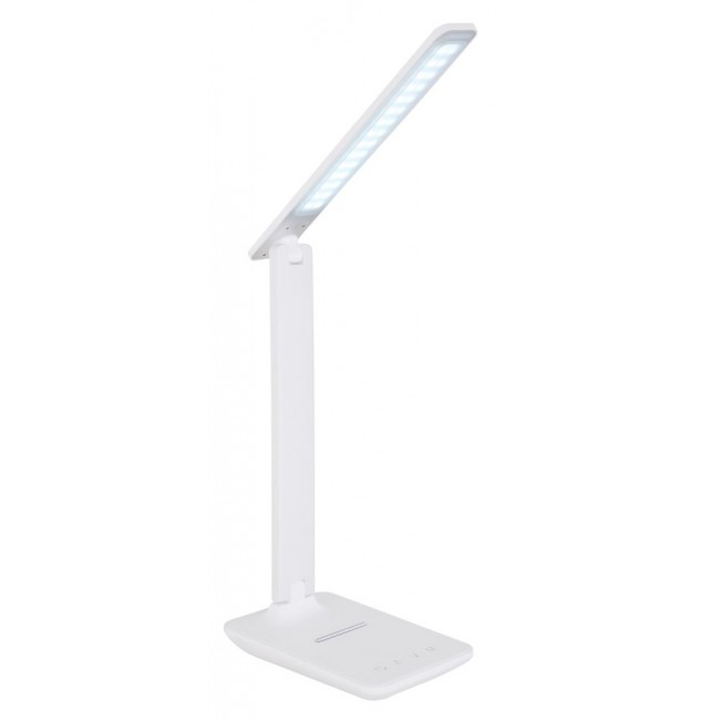 Weiße LED-Tischleuchte mit rechteckigem Fuß schwenkbarem Arm und flachem Leuchtkopf