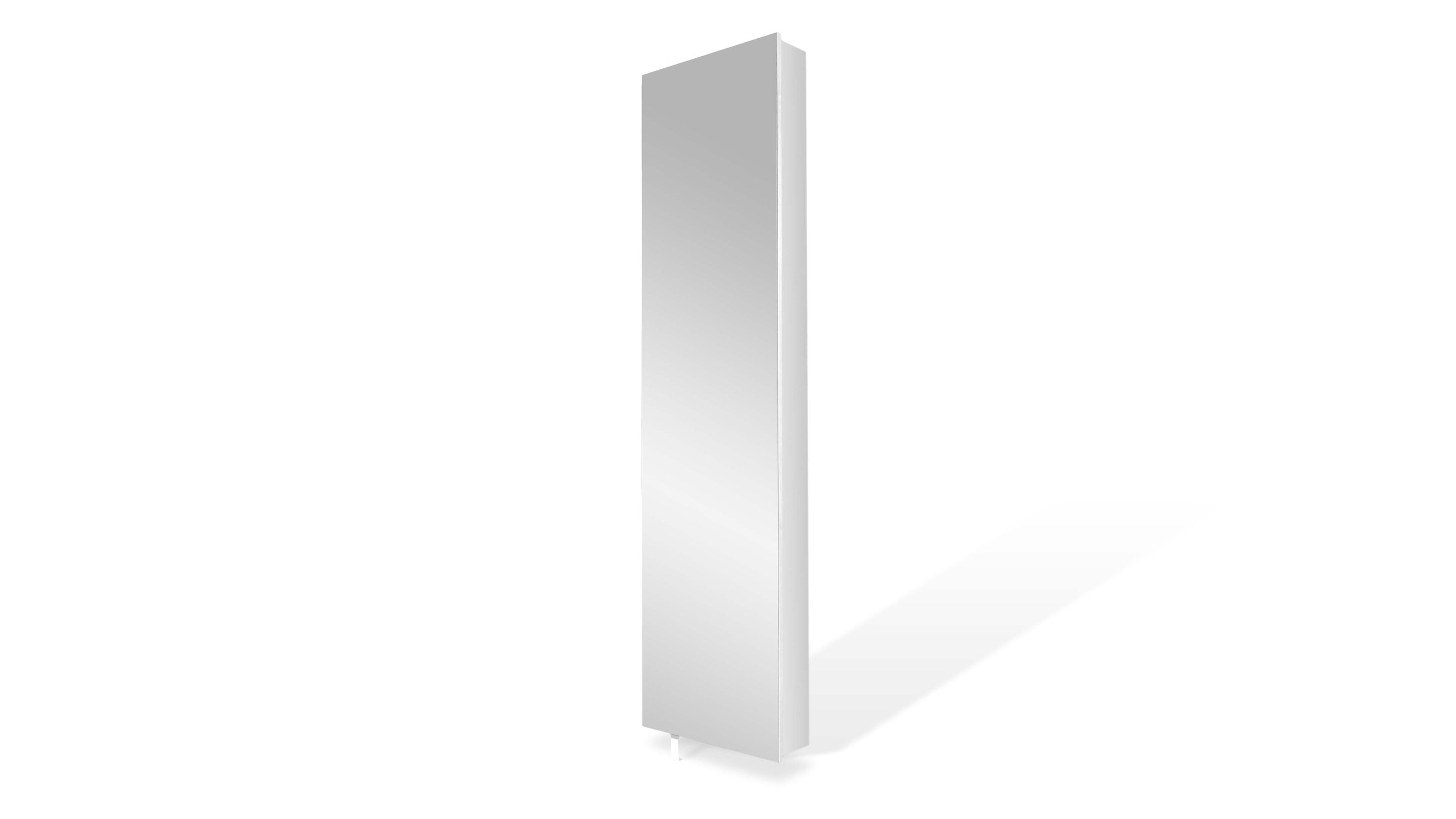 Mehrzweckschrank bzw. Drehschrank als Stauraumlösung weiße Kunststoffoberflächen - fünf Fächer & ein Ablageboden, eine Spiegeltür