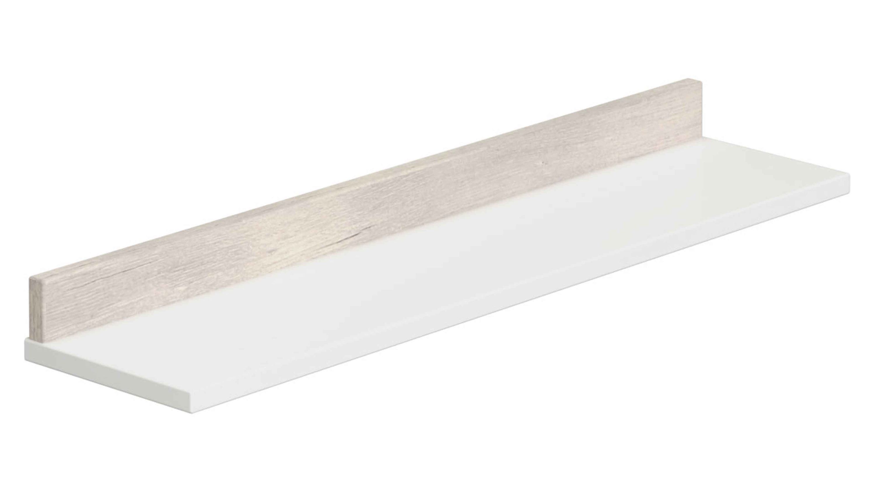 Wandregal mit weißer Ablage und heller Rückwand Wandregal mit einer weißen Ablagefläche und einer hellen Rückwand in Holzoptik
