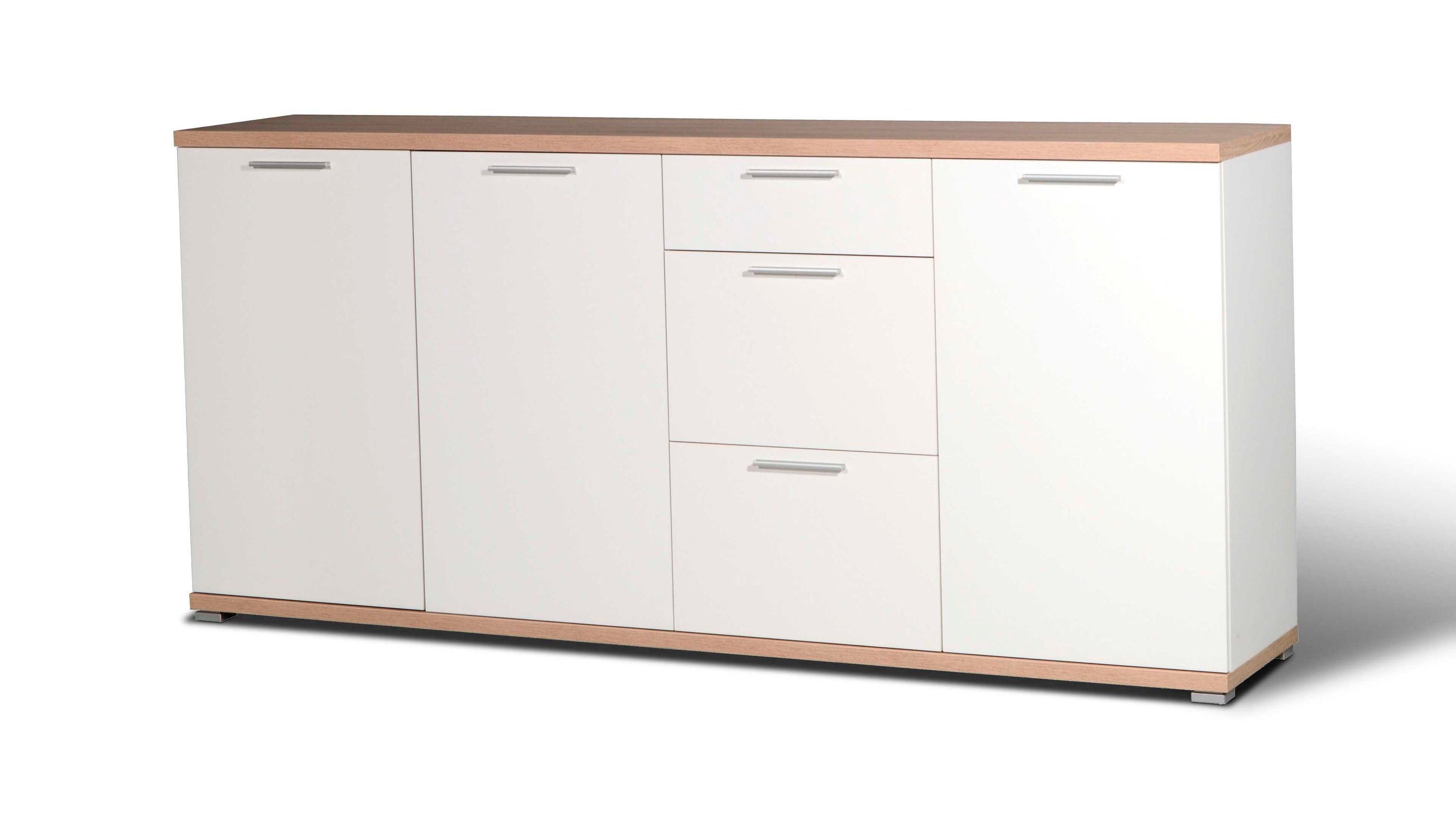 Sideboard mit drei Türen und drei Schubladen in Weiß und hellem Holz Weißes Sideboard mit drei Türen und drei Schubladen helle Holzoberfläche oben und unten