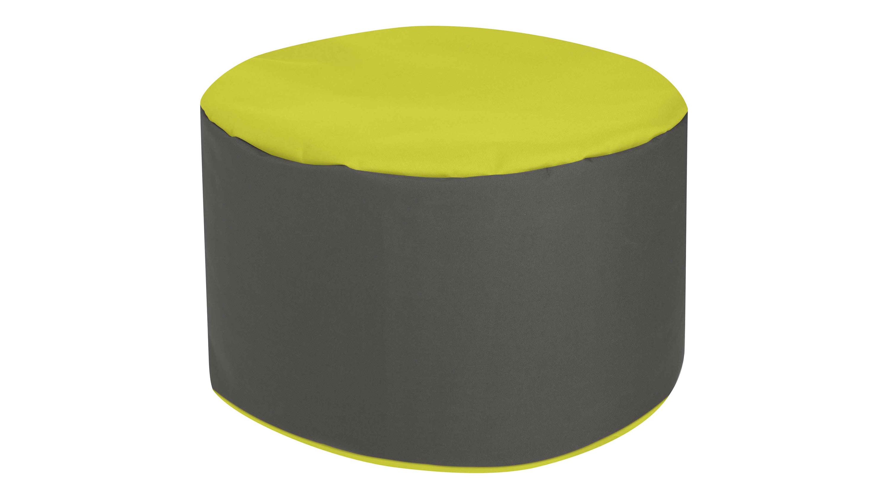 Runder Sitzsack-Hocker mit grünem Oberteil und anthrazitfarbenem Seitenbezug
