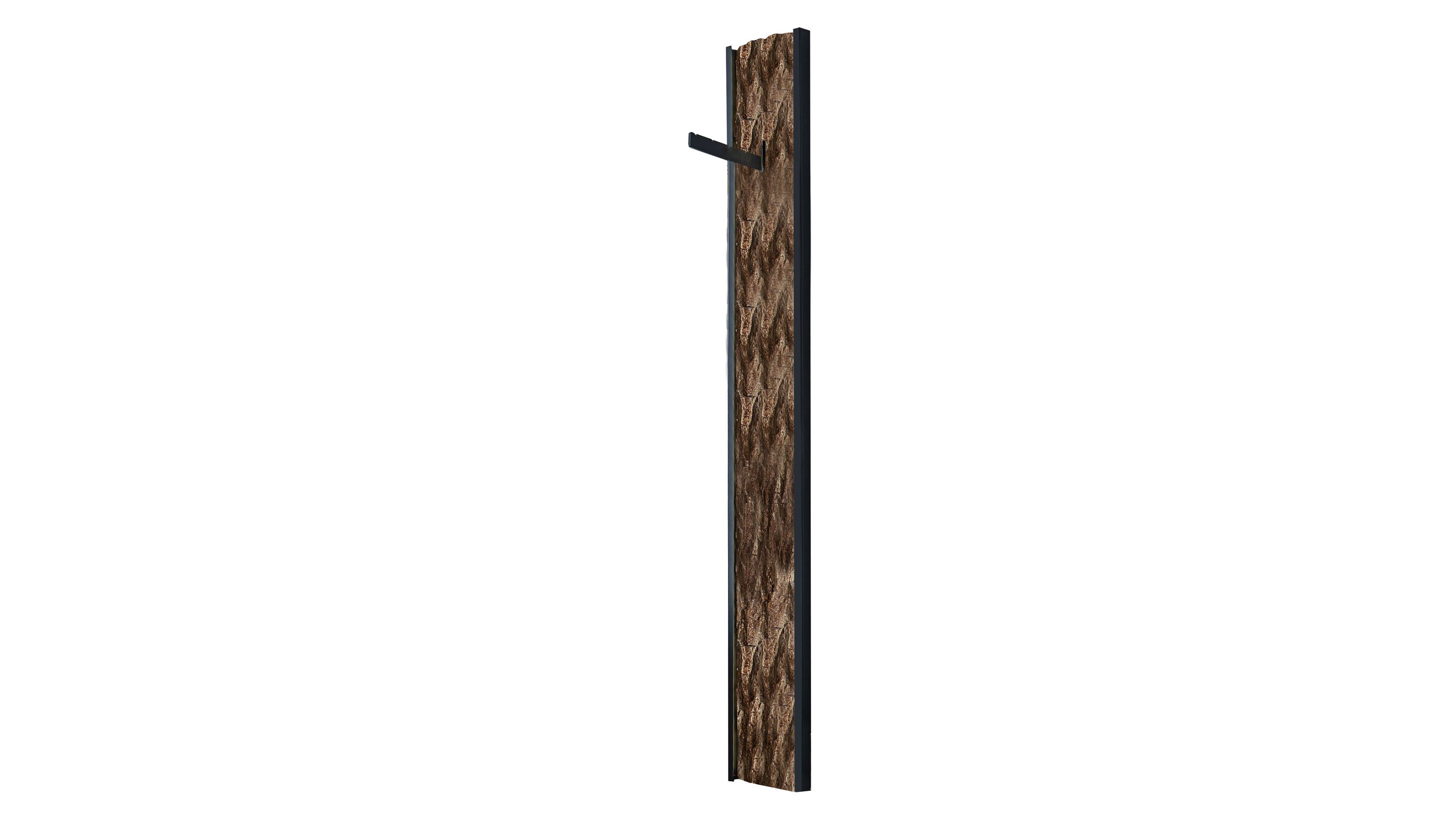 Wandgarderobe mit Rindenholz und Metallrahmen Schmale Wandgarderobe mit Rindenholzfront und anthrazitfarbenem Metallrahmen mit zwei Haken