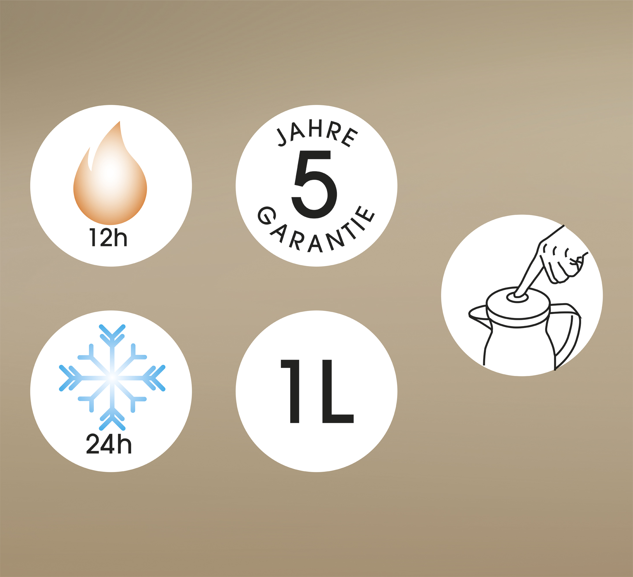 Symbole für Isolierkanne mit 12 Stunden Wärme- und 24 Stunden Kälteisolierung 1 Liter Fassungsvermögen und 5 Jahre Garantie
