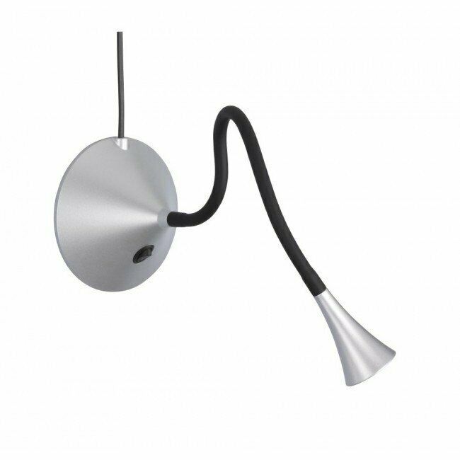 Wandmontierte Lampe mit silbernem Sockel, flexiblem schwarzem Hals und silbernem Leuchtenkopf, seitlich aufgenommen