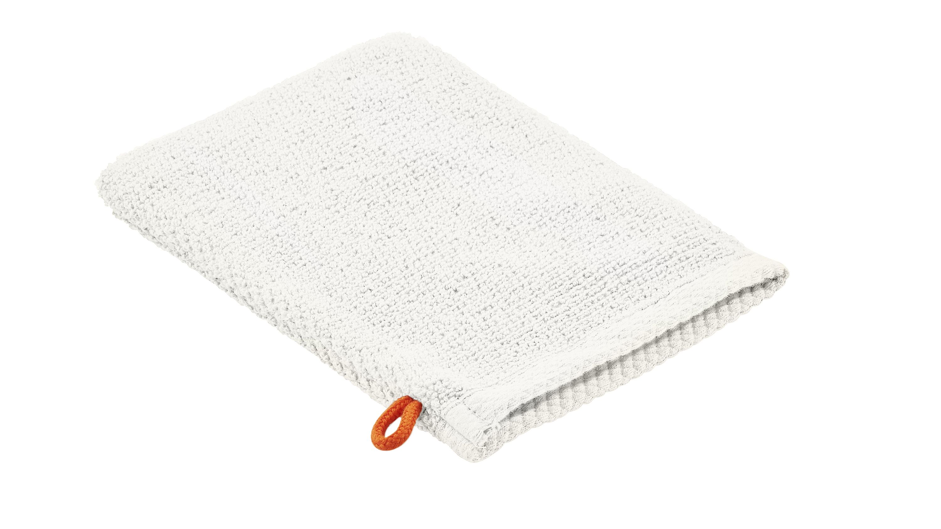 Weißer rechteckiger Waschhandschuh mit Struktur und orangener Schlaufe