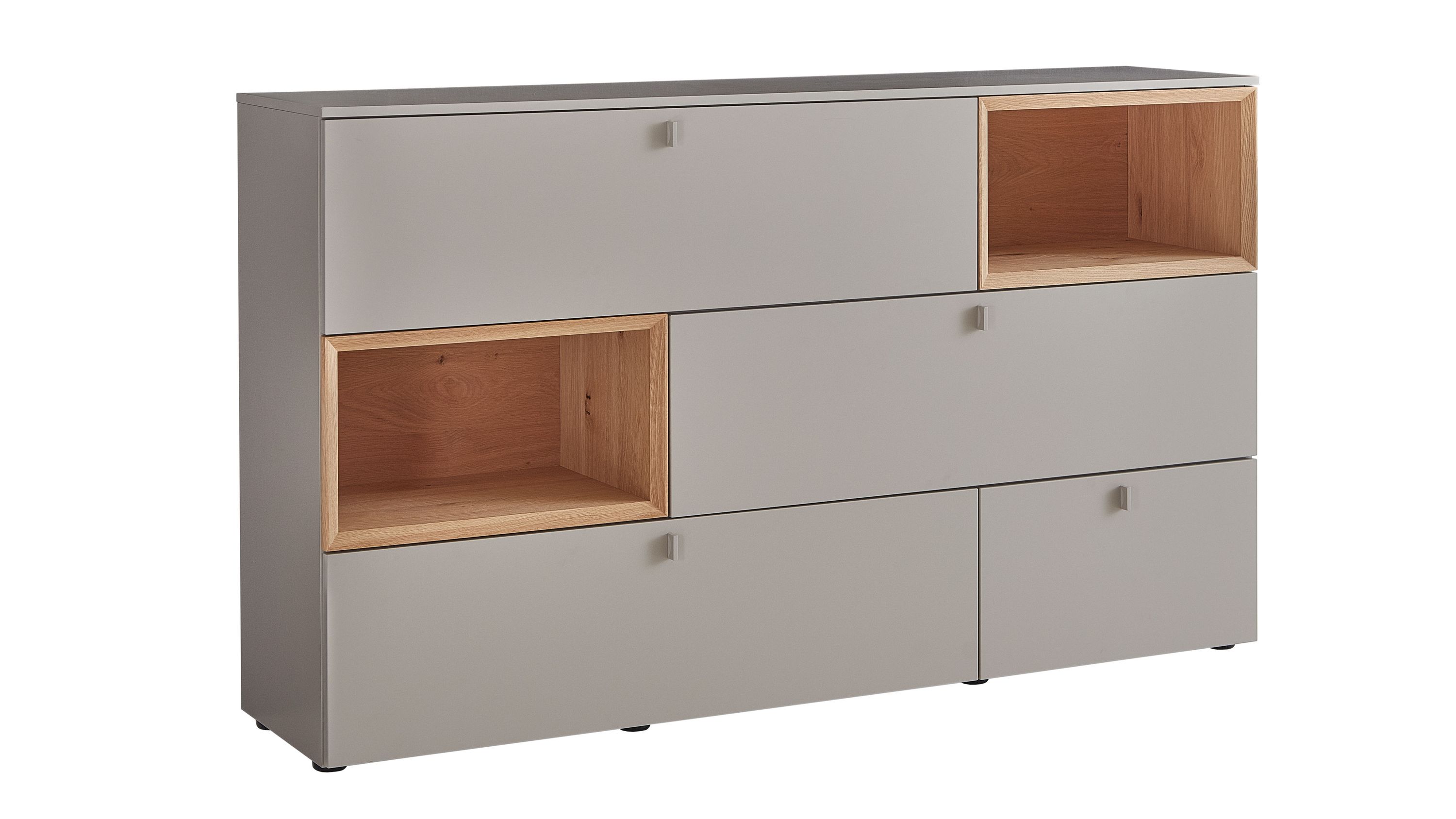 Sideboard mit fünf Türen und zwei offenen Fächern in steingrau und hellbraun