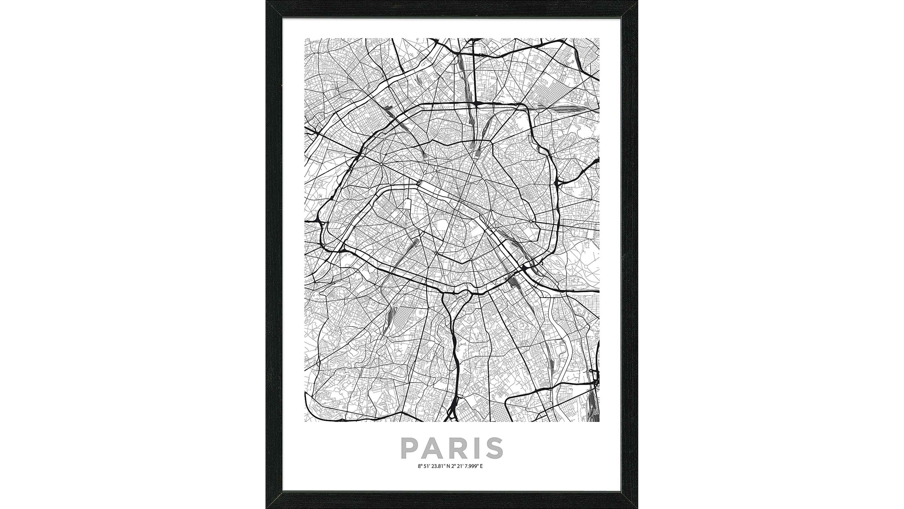 Kunstdruck Stadtkarte Paris schwarz-weiß im Rahmen Schwarz-weißer Kunstdruck einer Stadtkarte von Paris in einem schwarzen Rahmen