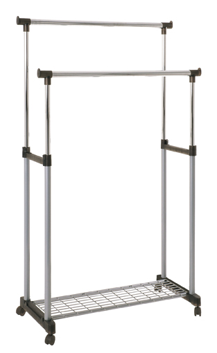 Rollgarderobe mit zwei Stangen und Ablagegitter auf Rollen in silberner Farbe
