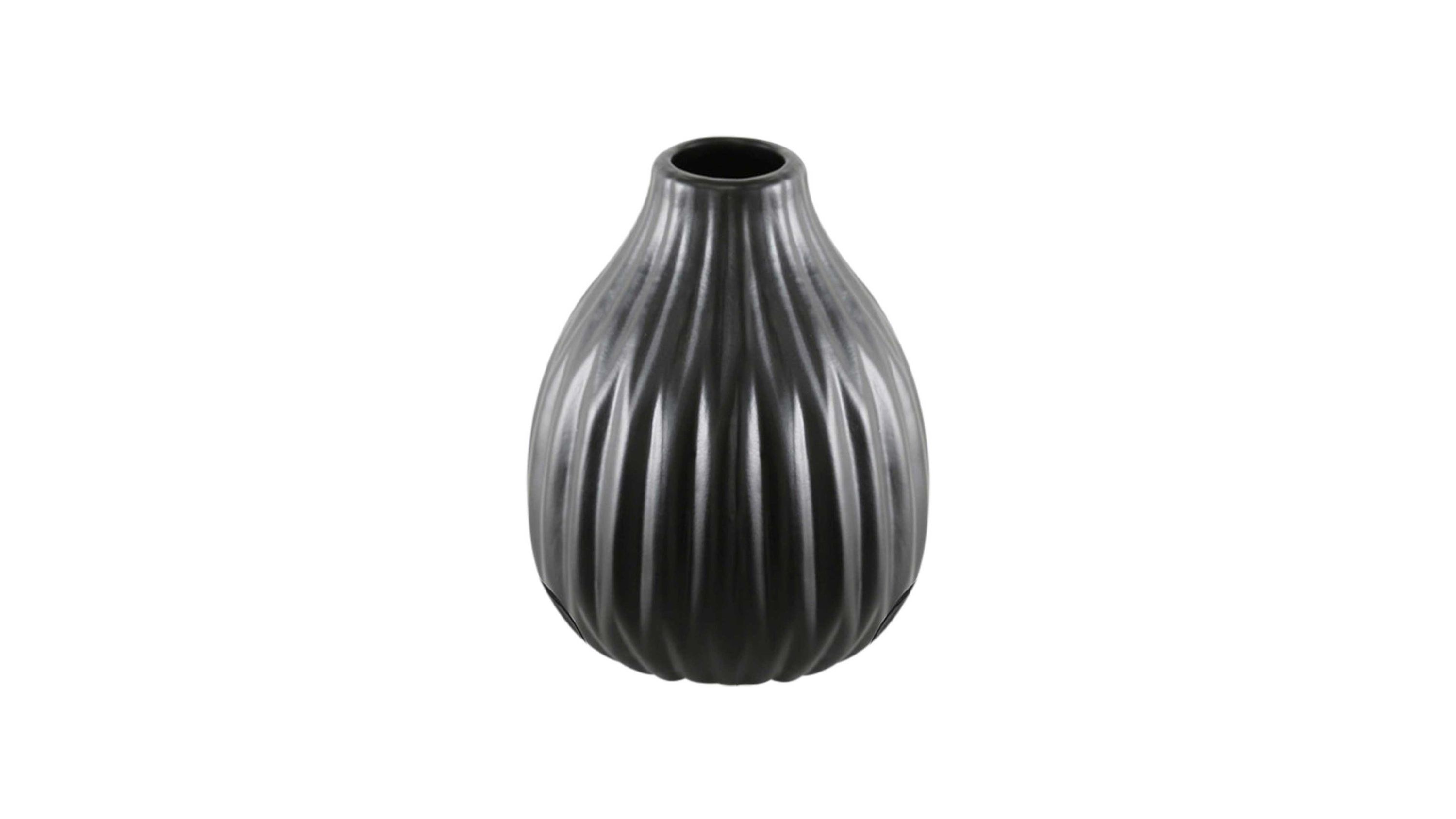 Mattschwarze Vase mit bauchiger Form und vertikalen Rillen