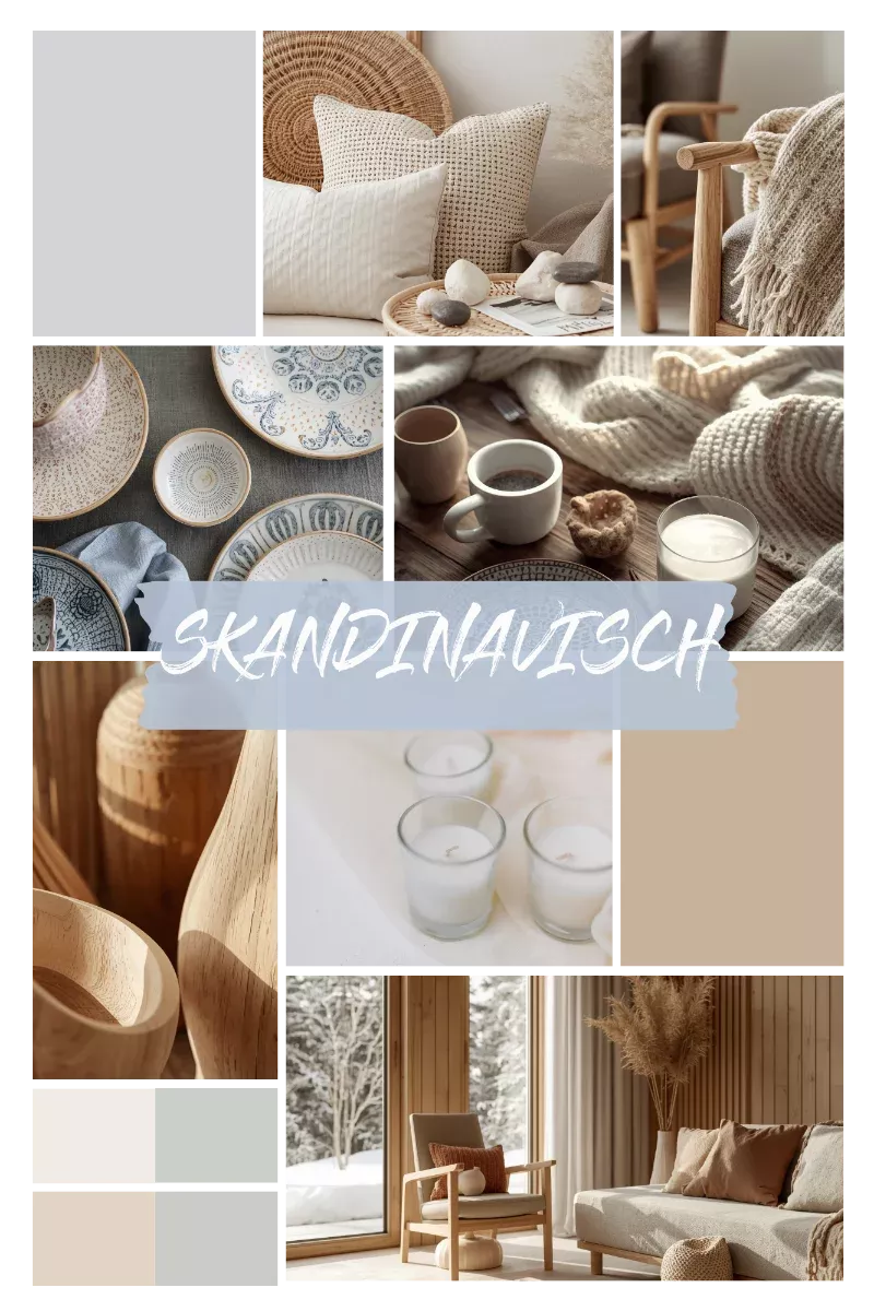 Collage im skandinavischen Stil mit hellen Holzmöbeln, weichen Textilien, Kerzen, minimalistischem Geschirr und neutraler Farbpalette in Weiß, Beige und Grau