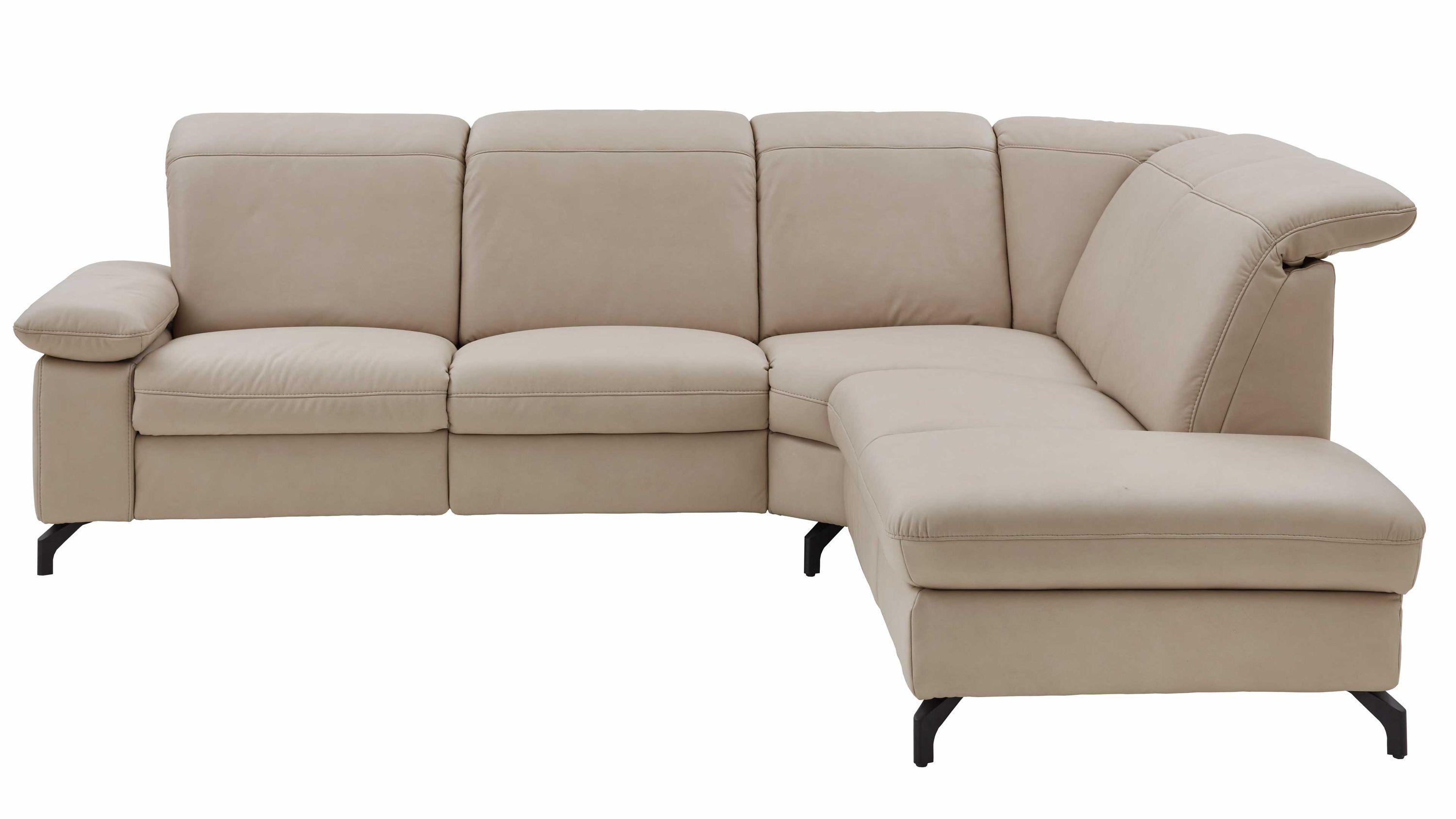 Sandfarbenes Ecksofa mit verstellbaren Rückenlehnen Ecksofa mit verstellbaren Rückenlehnen in sandfarbener Mikrofaser und schwarzen Metallfüßen