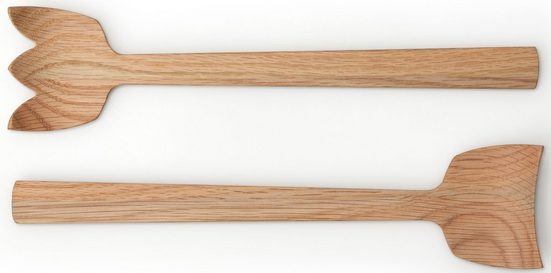 Servierbesteck aus Holz mit tulpenförmigem und flachem Kopf nebeneinander arrangiert