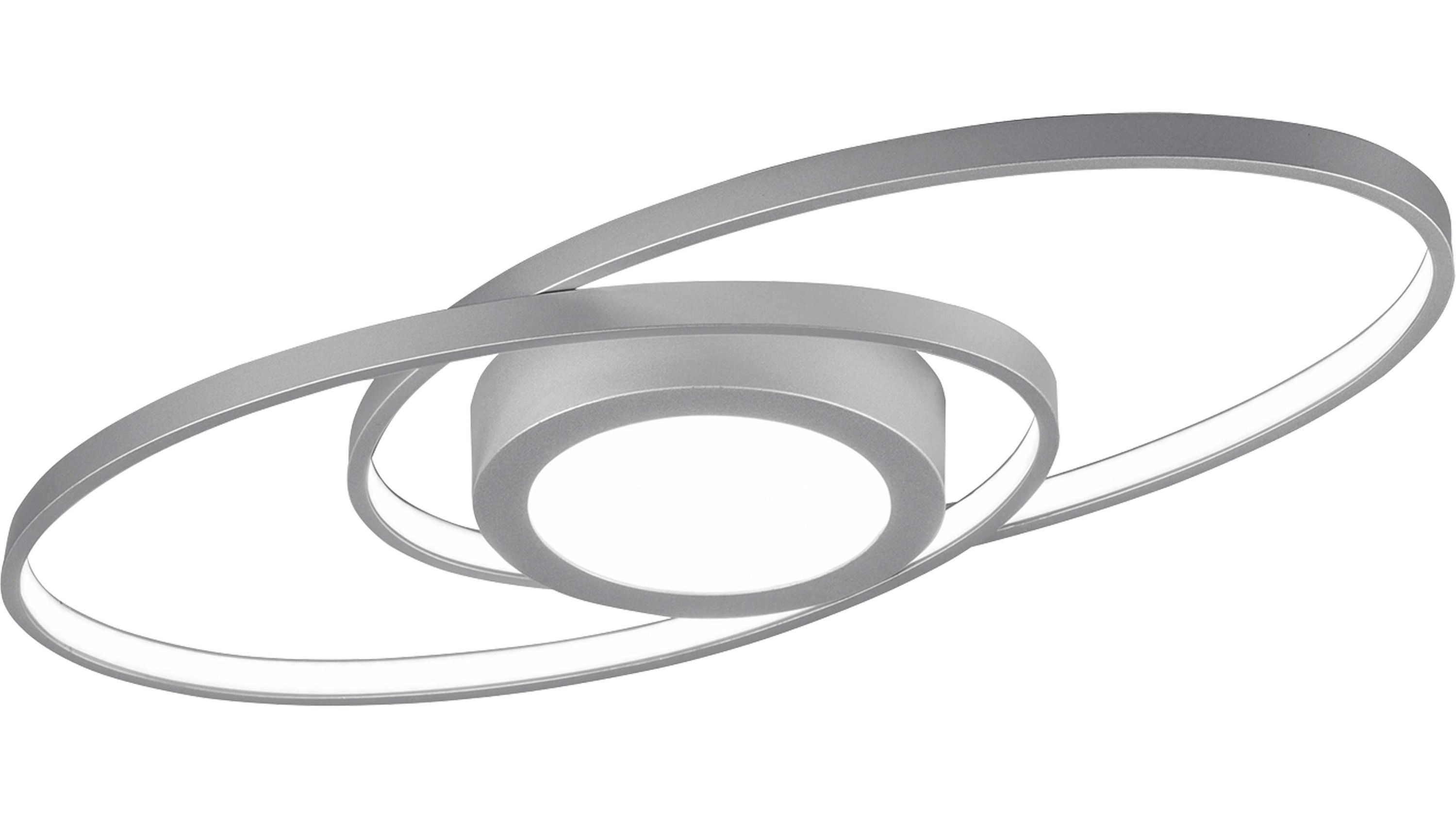 Deckenleuchte mit ovalen Ringen und zentralem Leuchtmittel Deckenleuchte mit zwei ovalen Ringen und zentralem rundem Leuchtmittel in titanfarbener Metalloptik