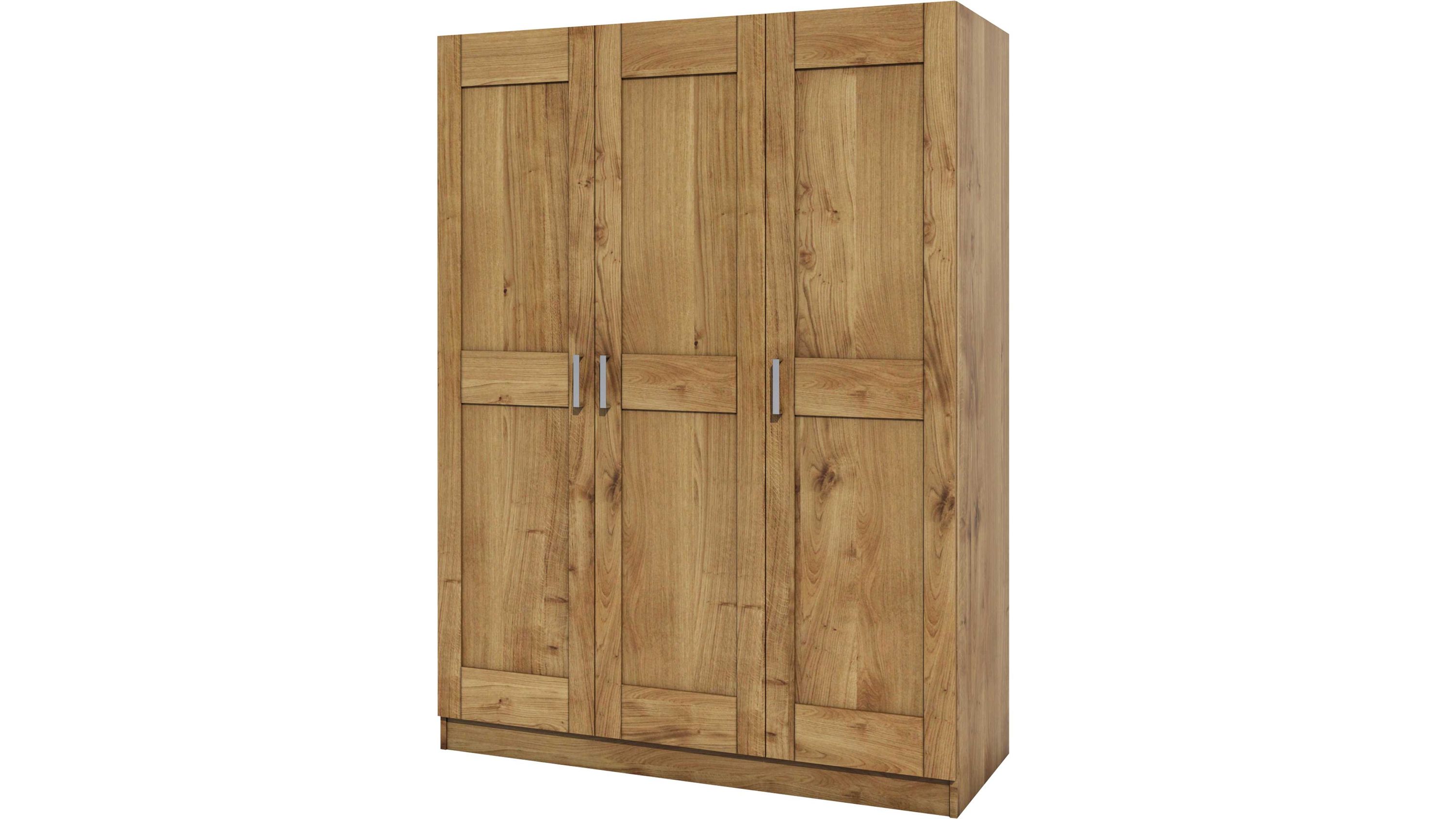 Drehtürenschrank mit drei Türen in Holzoptik Drehtürenschrank mit drei Türen in Holzoptik mit sichtbarer Maserung und Metallgriffen