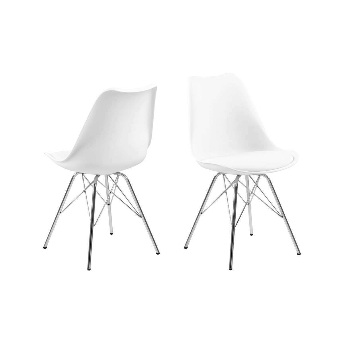 Zwei moderne Esszimmerstühle mit weißen Sitzen und verchromten Beinen  schlankes Design mit klaren Linien