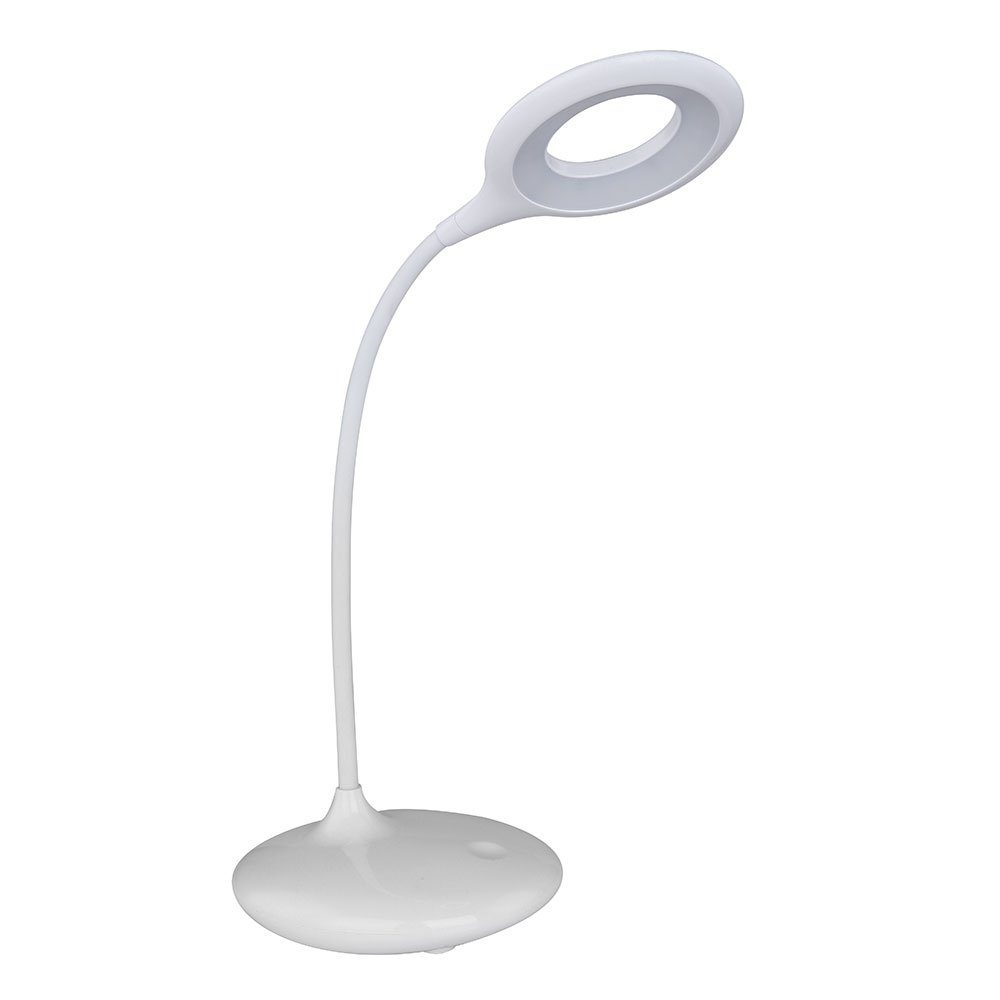 Weiße LED-Tischleuchte mit ovalem Leuchtkopf flexiblem Hals rundem Fuß dimmbar per Touch schräg von vorne links