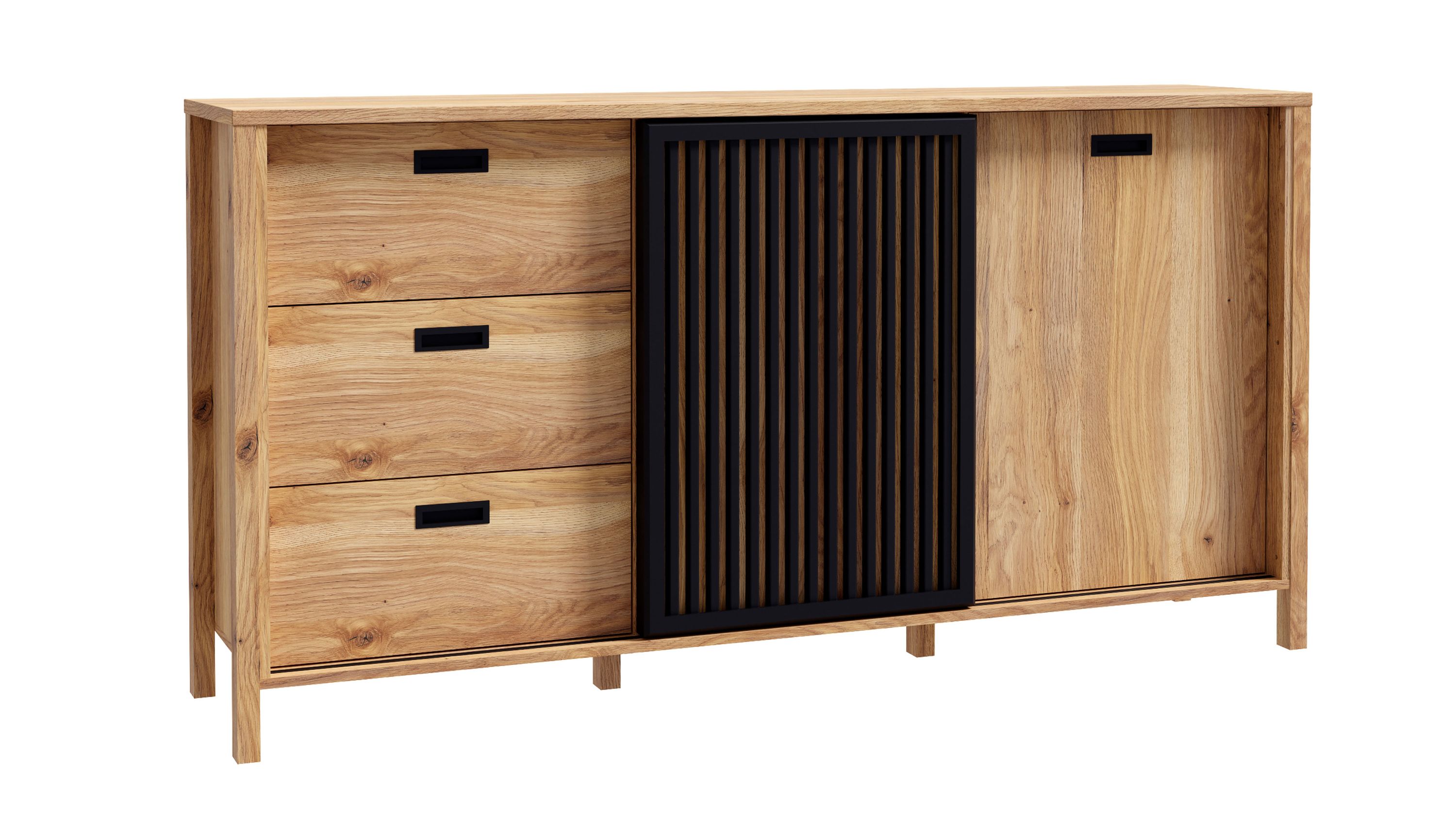 Sideboard mit Schubladen und Lamellentür in Holz und Schwarz Sideboard mit drei Schubladen links einer schwarzen Lamellentür in der Mitte und einer Holztür rechts in heller Holzoptik
