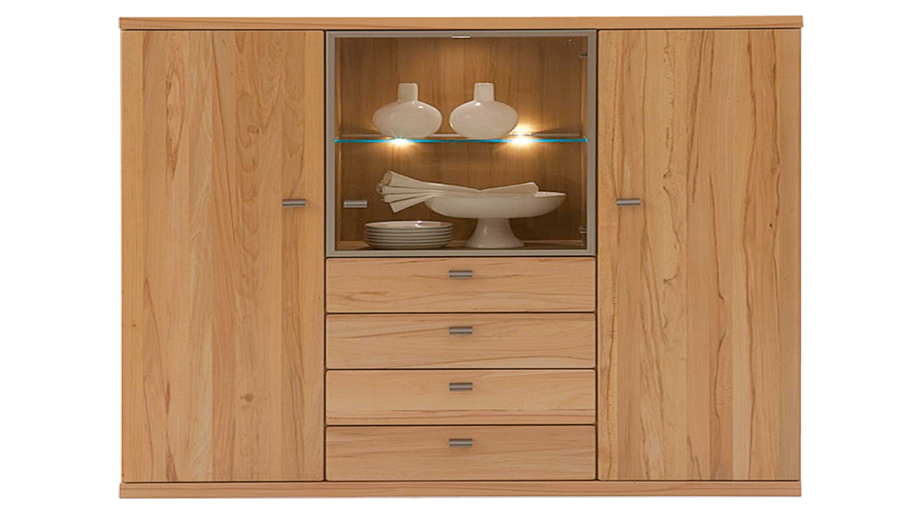 Highboard mit drei Türen vier Schubladen und mittigem Glasfach mit Beleuchtung in Holzoptik