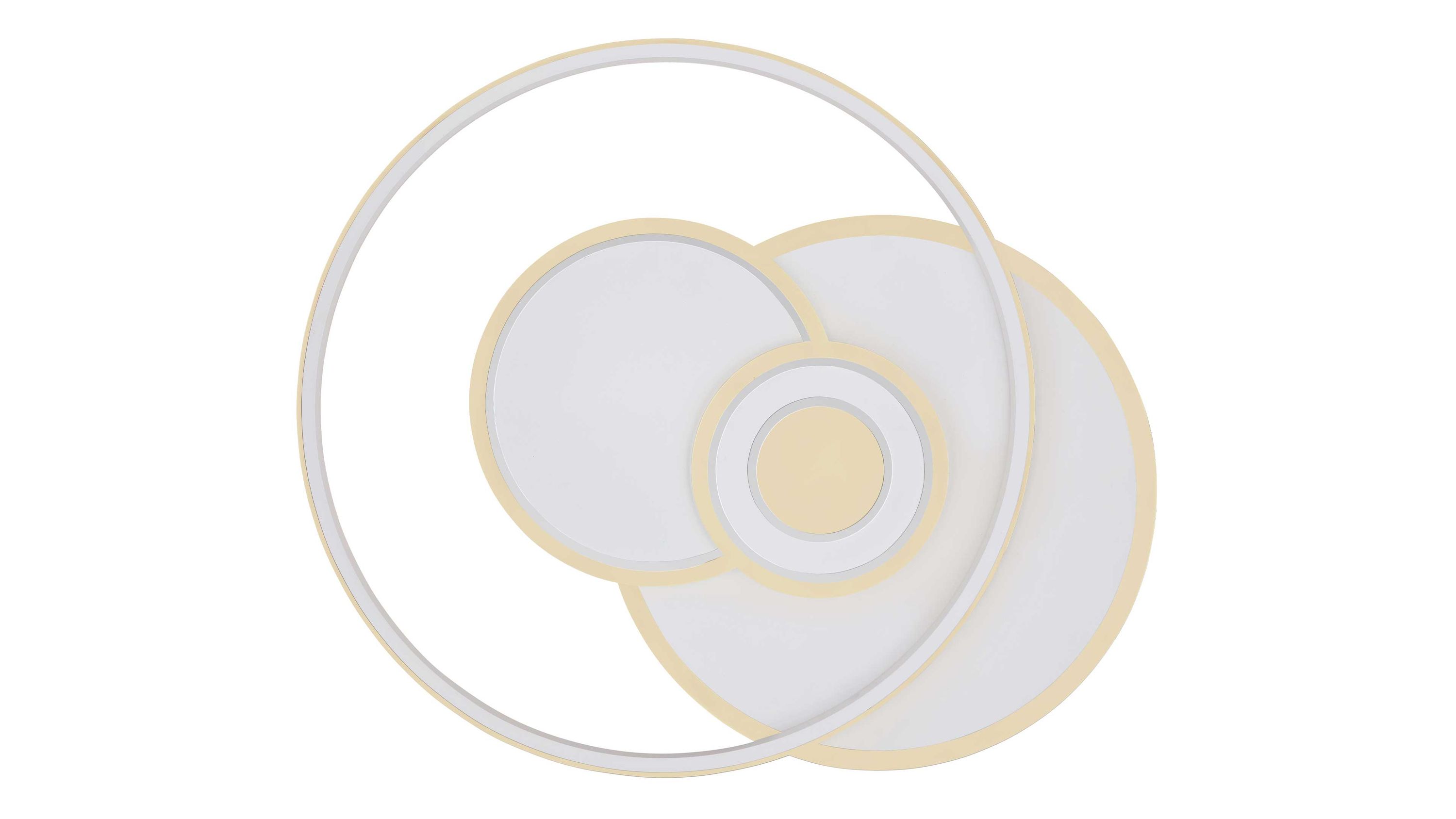 Runde Deckenlampe mit mehreren kreisförmigen Elementen Runde Deckenlampe mit mehreren weißen und opalfarbenen kreisförmigen Elementen aus Metall und Acryl