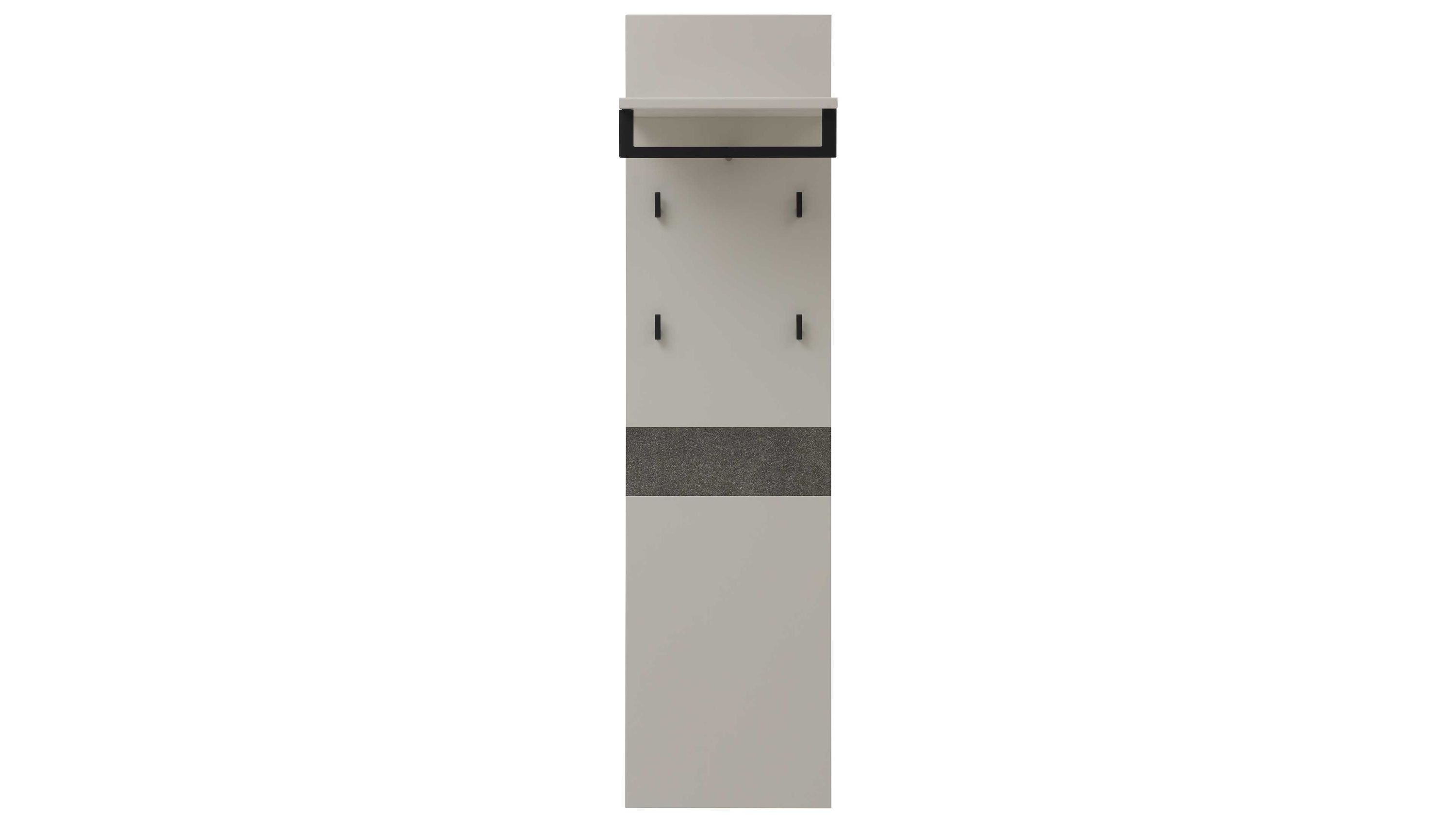 Schmale Wandgarderobe in creme mit vier schwarzen Haken und einem Ablagefach mit schwarzem Rahmen