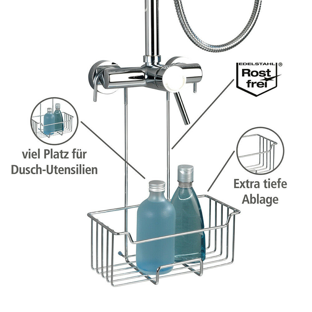 Funktionale Darstellung der Duschablage in Silber mit Angaben des Platzes  Armaturbefestigung und befüllten Ablagekörben