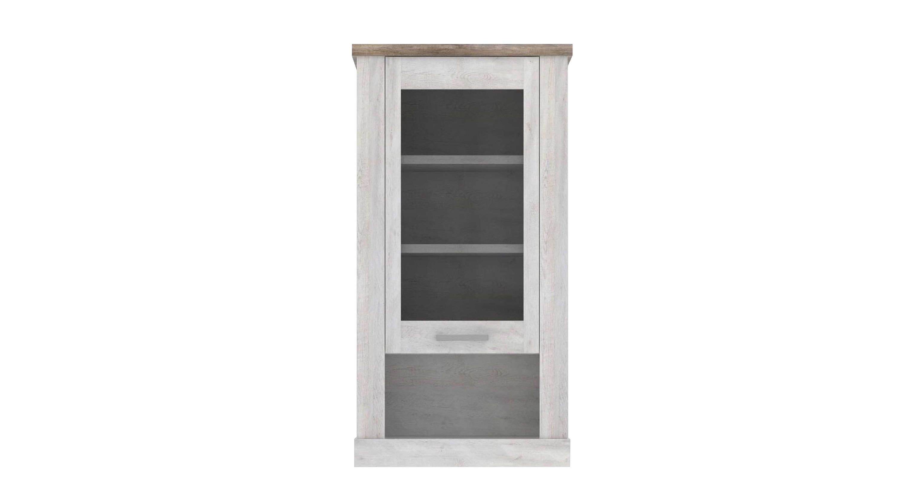 Hängevitrine mit einer Tür und Glasfront in Weiß und Antikholz Hängevitrine mit einer Tür aus weißem und antikem Holz mit Glasfront und zwei Einlegeböden