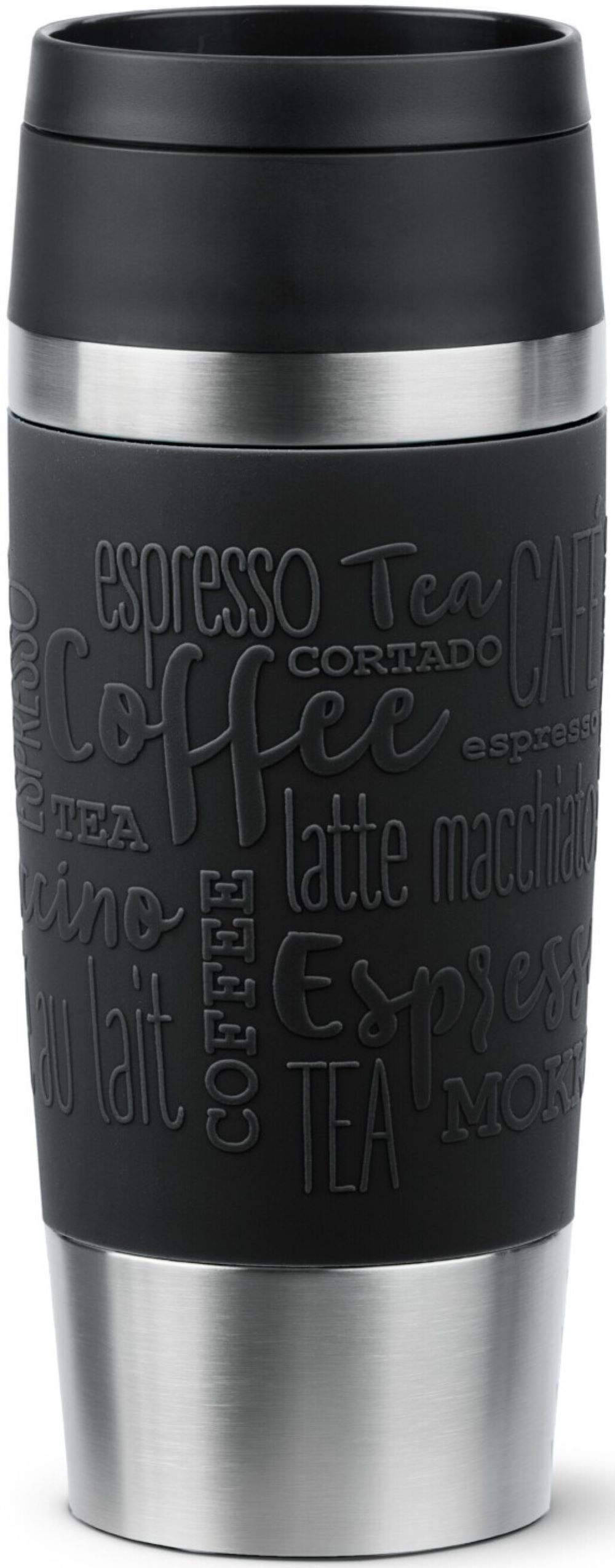Schwarzer Thermobecher mit Kaffeeprägungen stilvoller Becher mit rutschfester Struktur Frontalansicht eines Thermobechers mit schwarzem Griffbereich Kaffeeprägungen und Deckel aufgenommen aus Augenhöhe