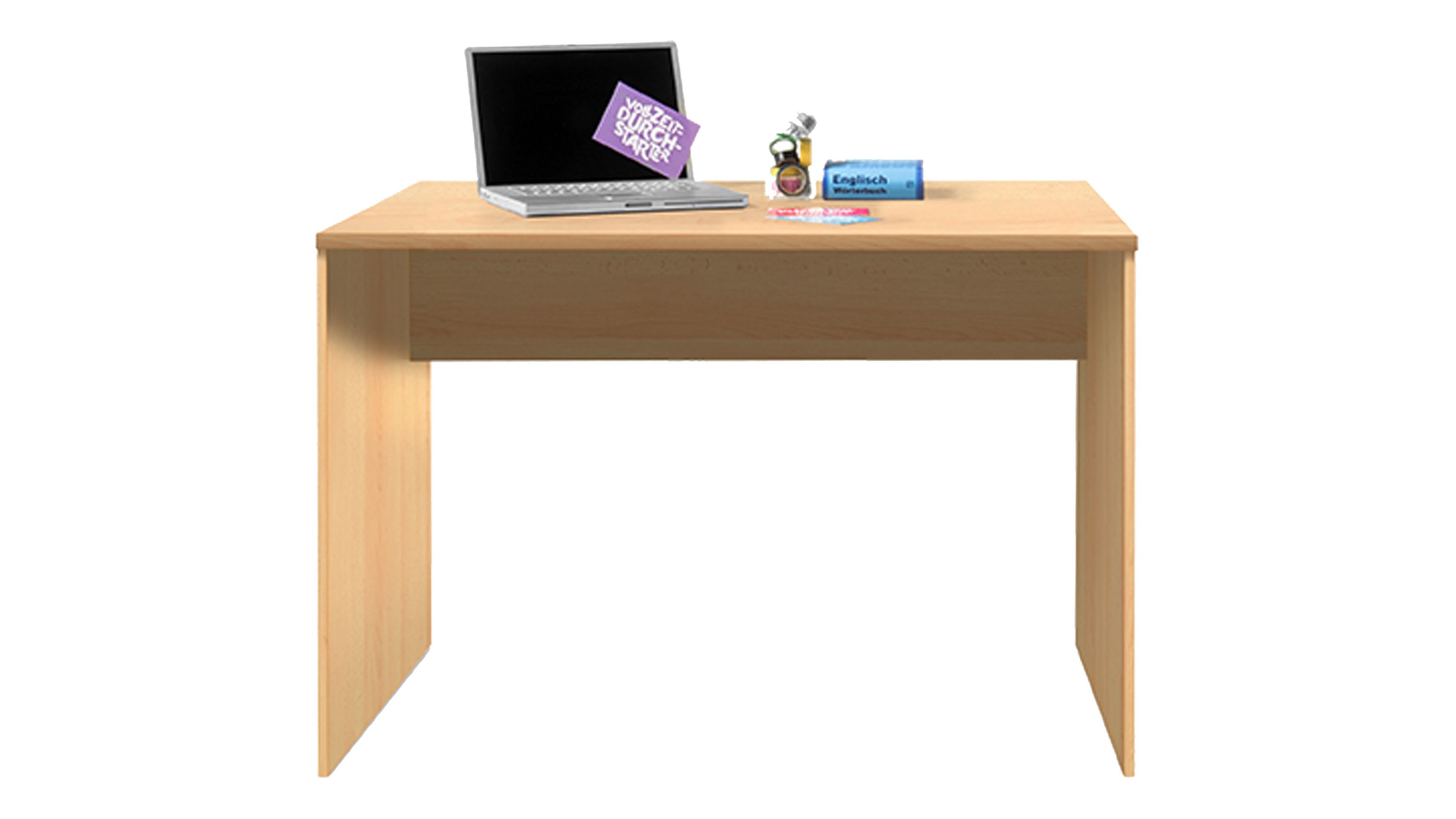 Schreibtisch mit buchefarbener Oberfläche und gerader Form Schreibtisch mit rechteckiger Platte und zwei Seitenwänden in buchefarbener Optik mit Laptop und Schreibutensilien