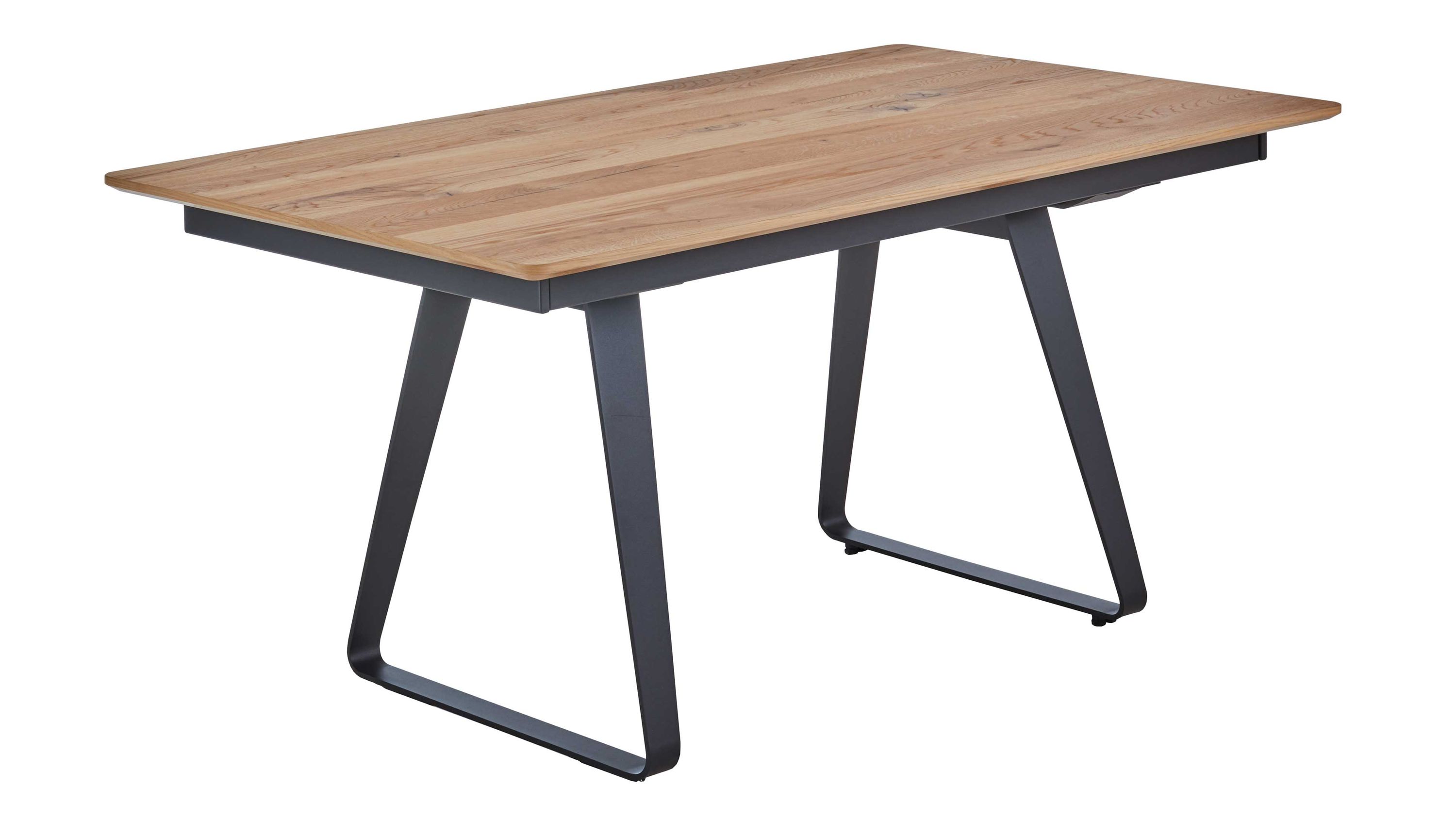 Rechteckiger Esstisch mit hellem Holzplatte und anthrazitfarbenen Metallbeinen in trapezförmiger Form