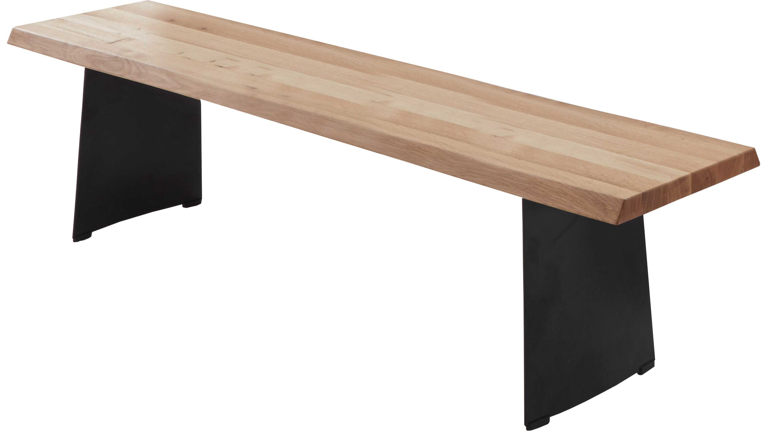 Holzbank mit schwarzem Metallgestell Holzbank mit breiter Sitzfläche aus hellem Holz und zwei schwarzen Metallbeinen