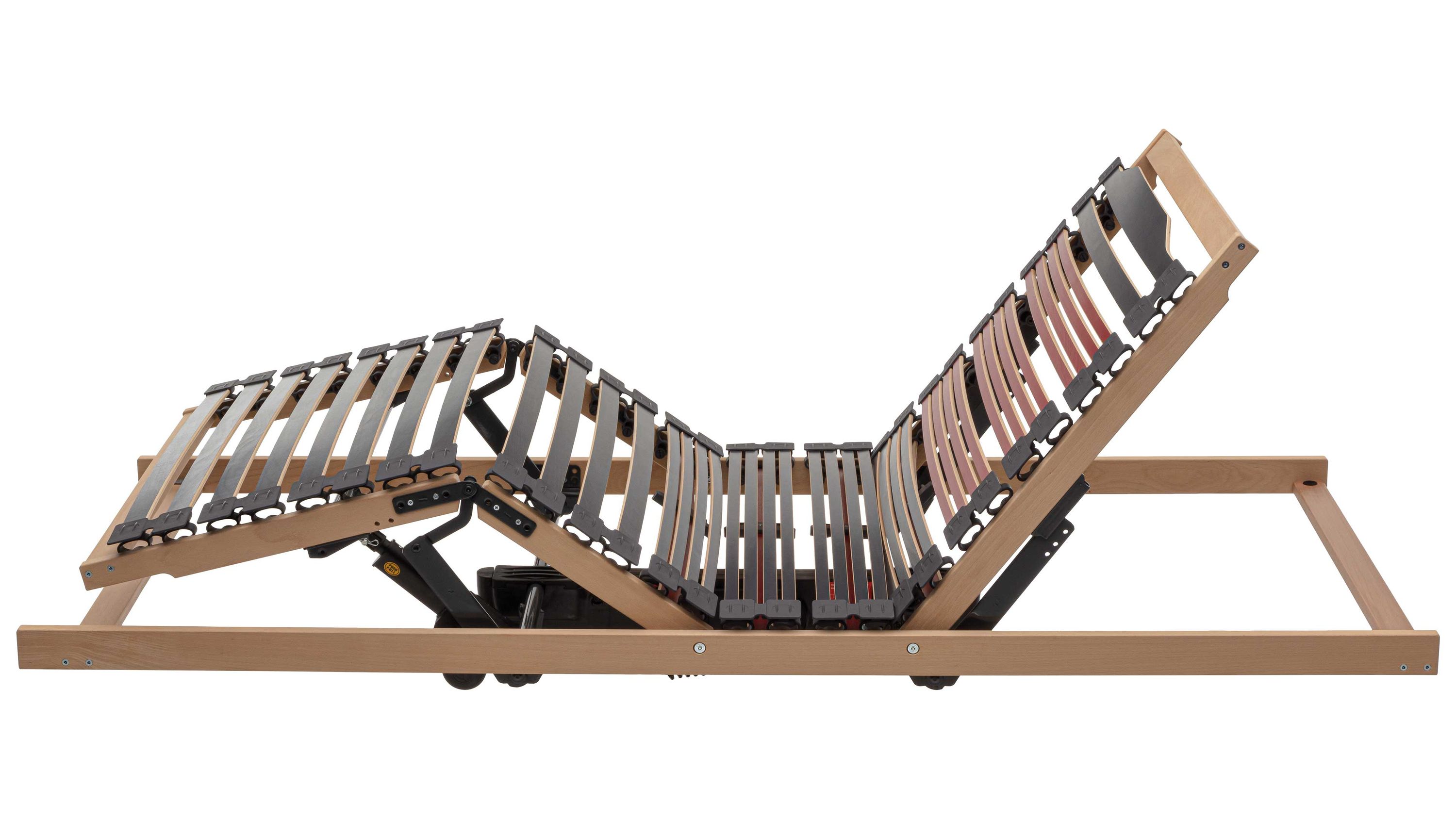 Motorisch verstellbarer Lattenrost mit dreiteiliger Holzlattenkonstruktion und Metallrahmen