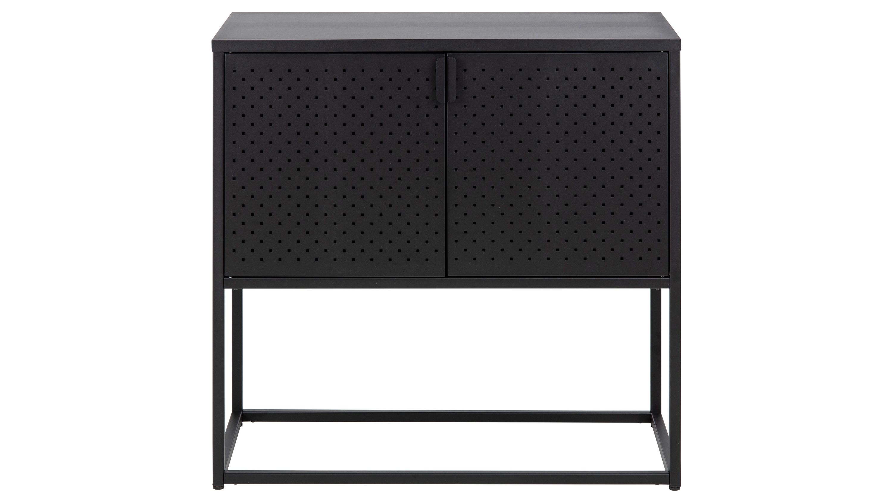 Schwarzes Sideboard mit zwei perforierten Türen und offenem Untergestell