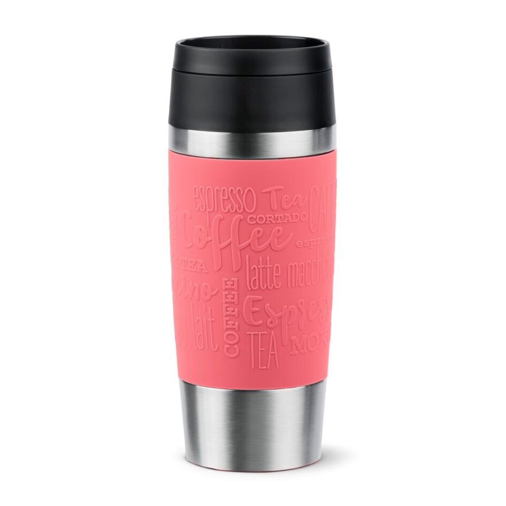 Thermobecher mit Kaffeeprägung – stilvoller Becher mit Edelstahl und schwarzem Deckel Frontalansicht Thermobecher mit Edelstahlkörper pink strukturiertem Griffbereich und schwarzem Deckel Augenhöhe