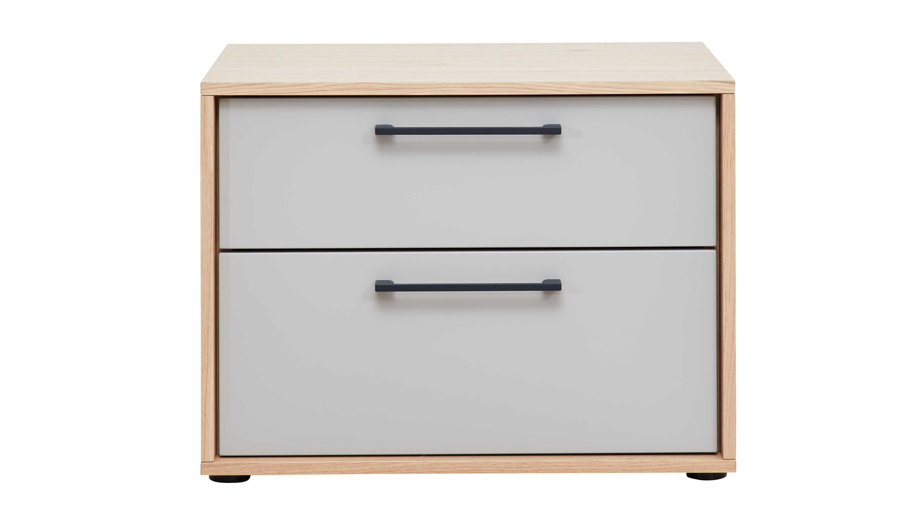 Nachtkommode mit zwei Schubladen in taupe und Rahmen in heller Holzoptik