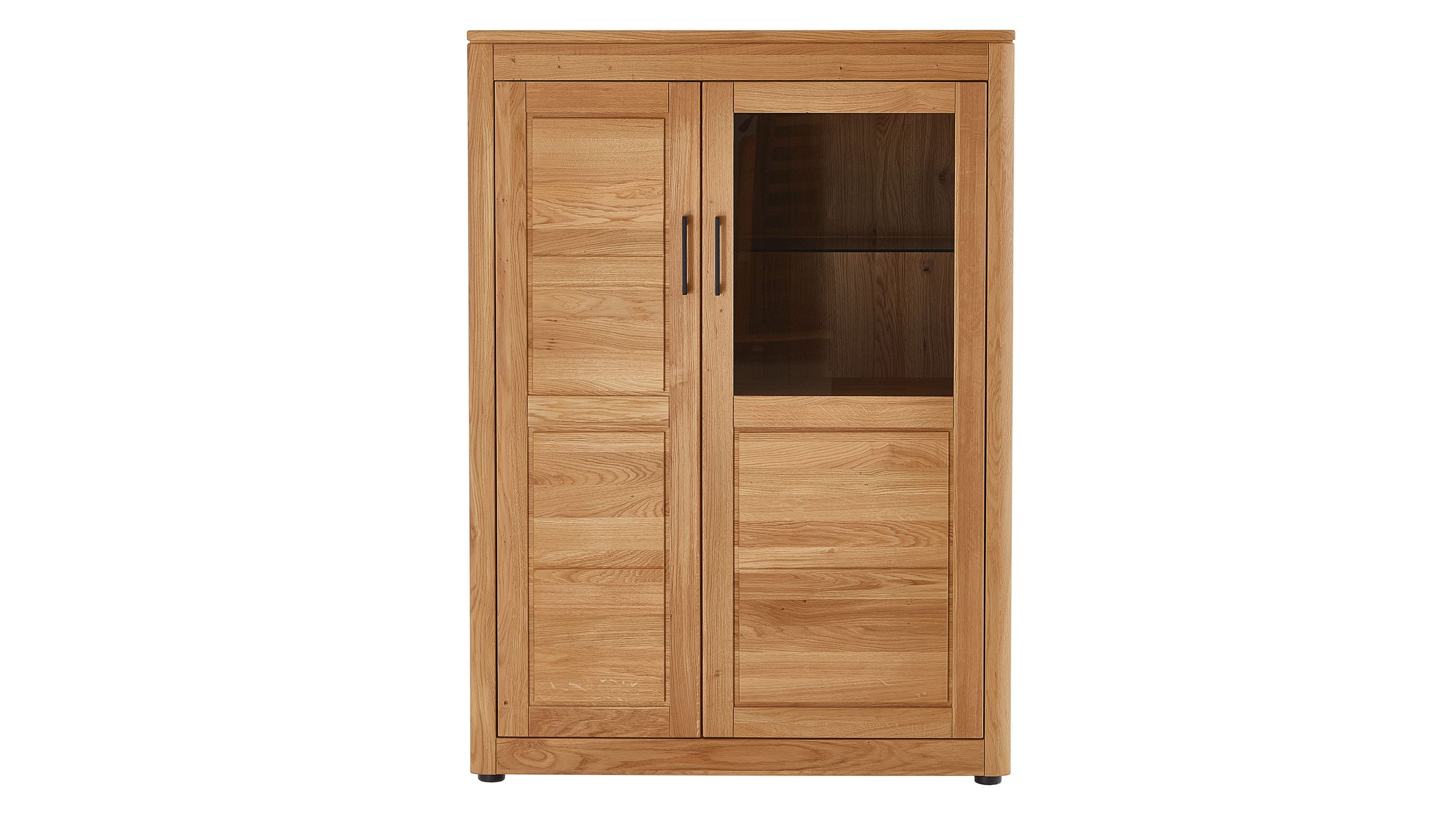 Hochschrank mit zwei Türen links Holztür rechts Glastür hellbraun