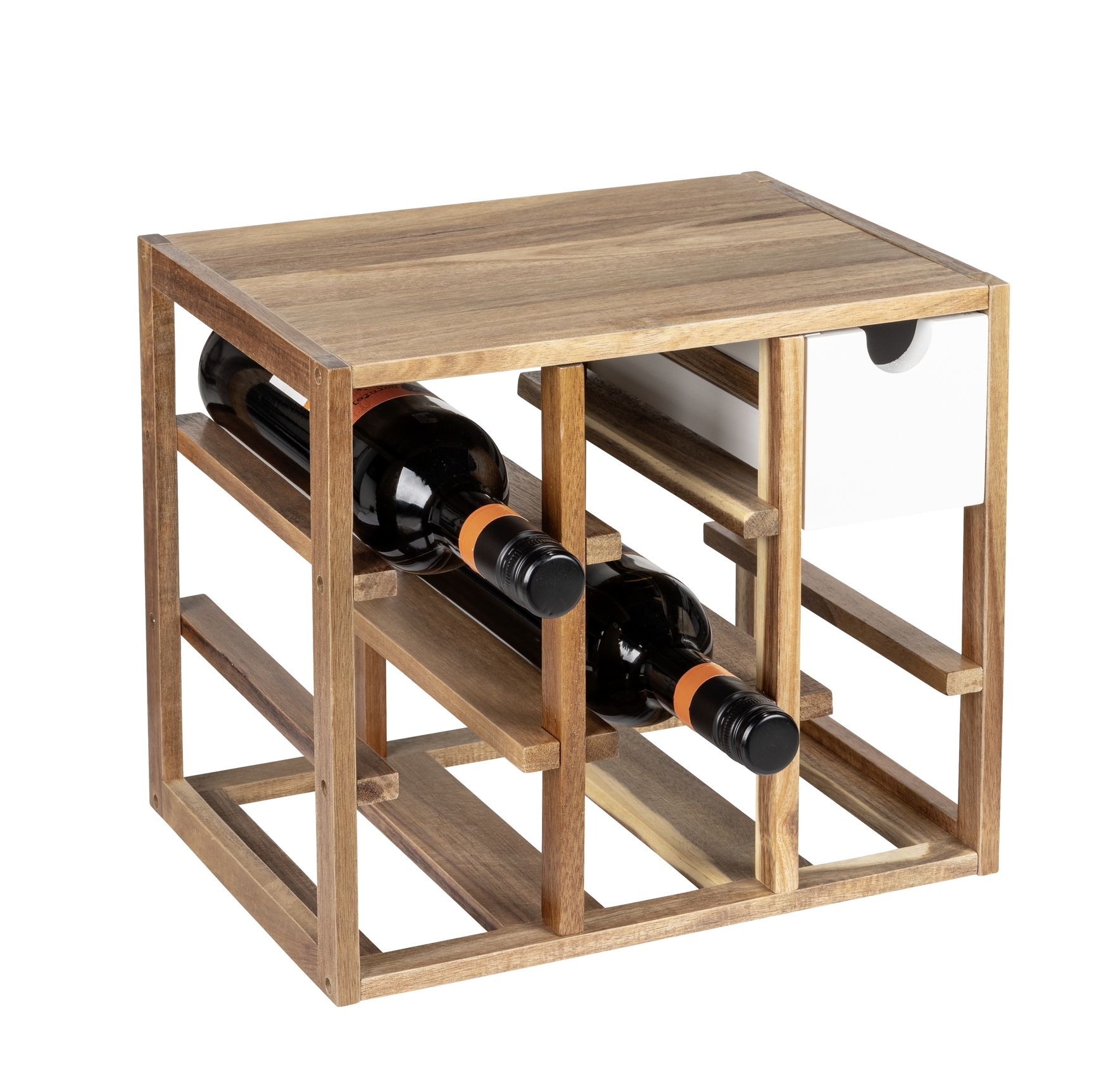 Quadratisches Weinregal aus hellem Holz mit mehreren Fächern modern gestaltet frontal leicht von links aufgenommen