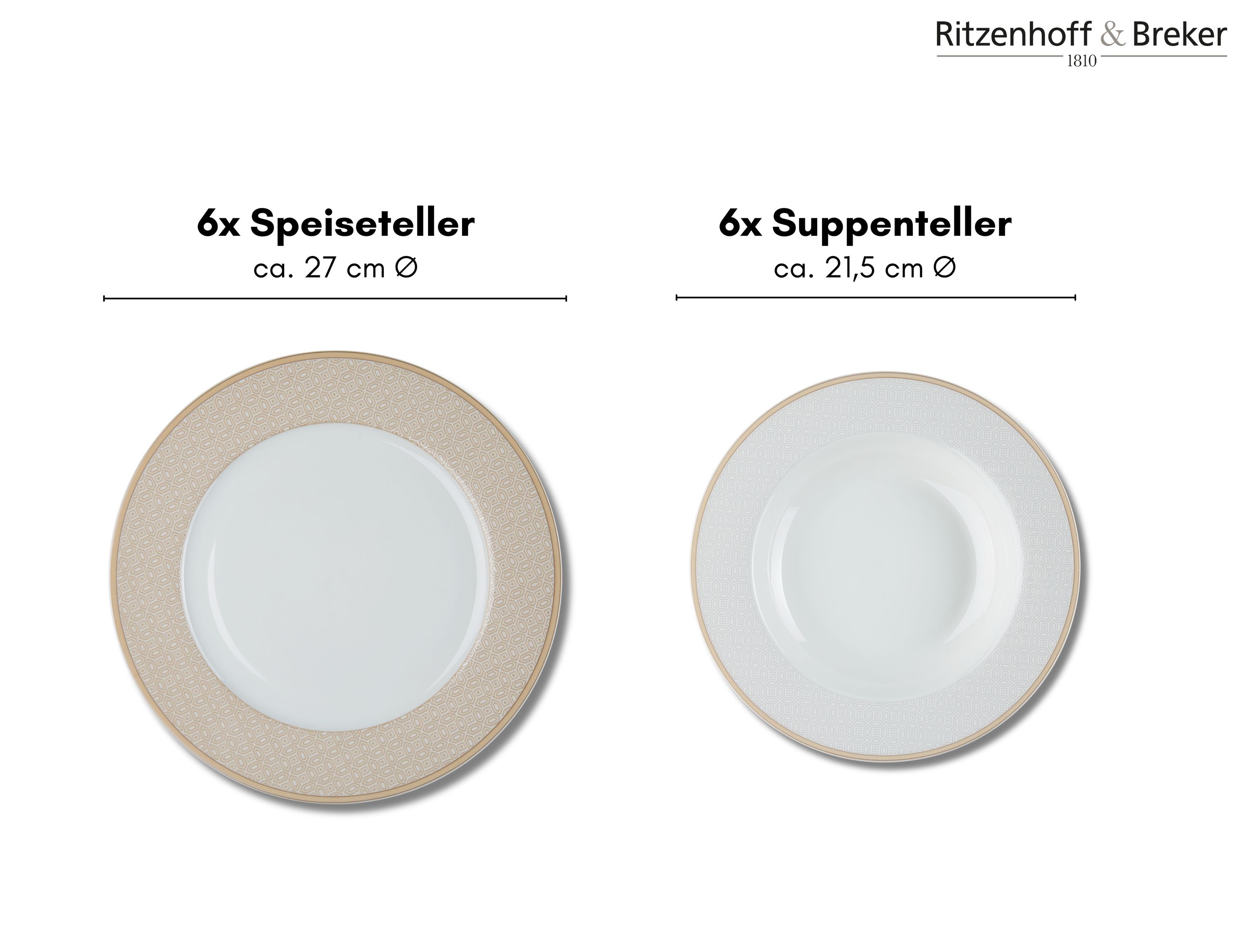 Rundes Tafel-Set bestehend aus sechs Speisetellern und sechs Suppentellern mit beigem Rand und feinem Muster