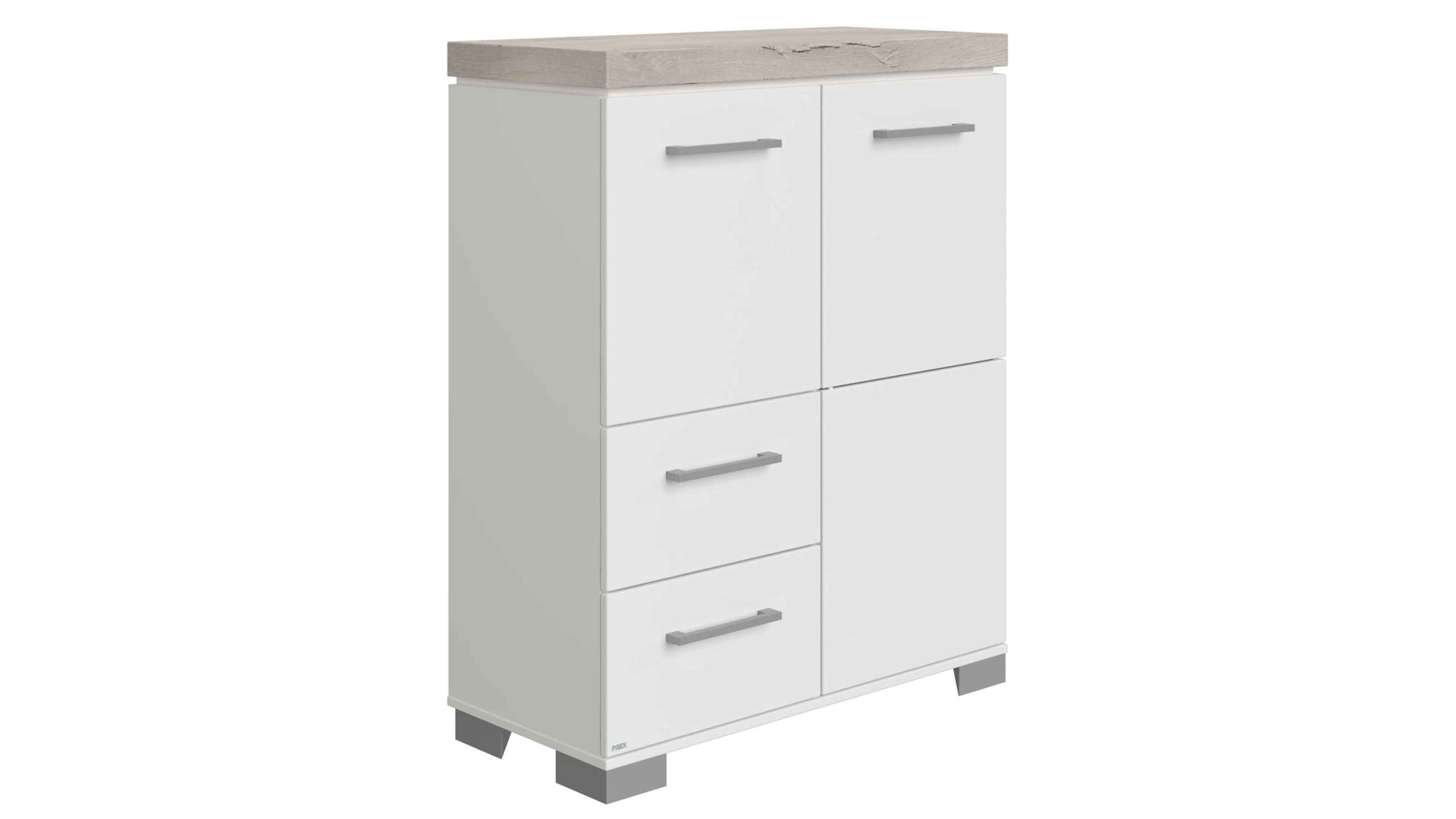 Weißes Highboard mit zwei Türen und zwei Schubladen Weißes Highboard mit zwei Türen und zwei Schubladen hellbraune Abdeckplatte rechteckig